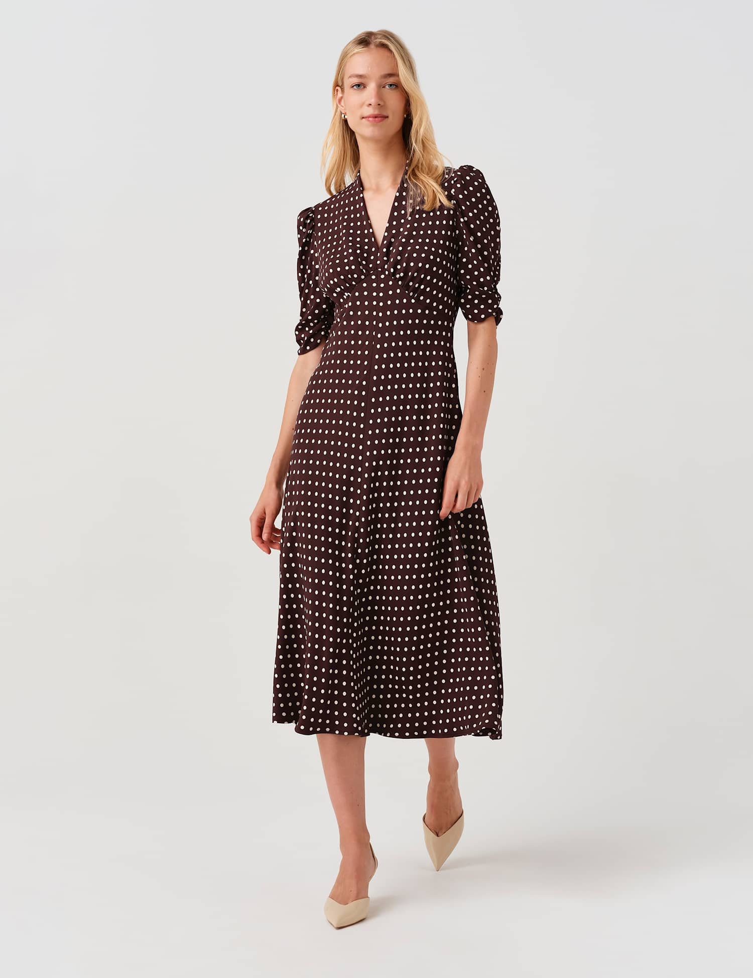 Ghost Polka Dot V-Neck Midi Tea Dress Brown Mix