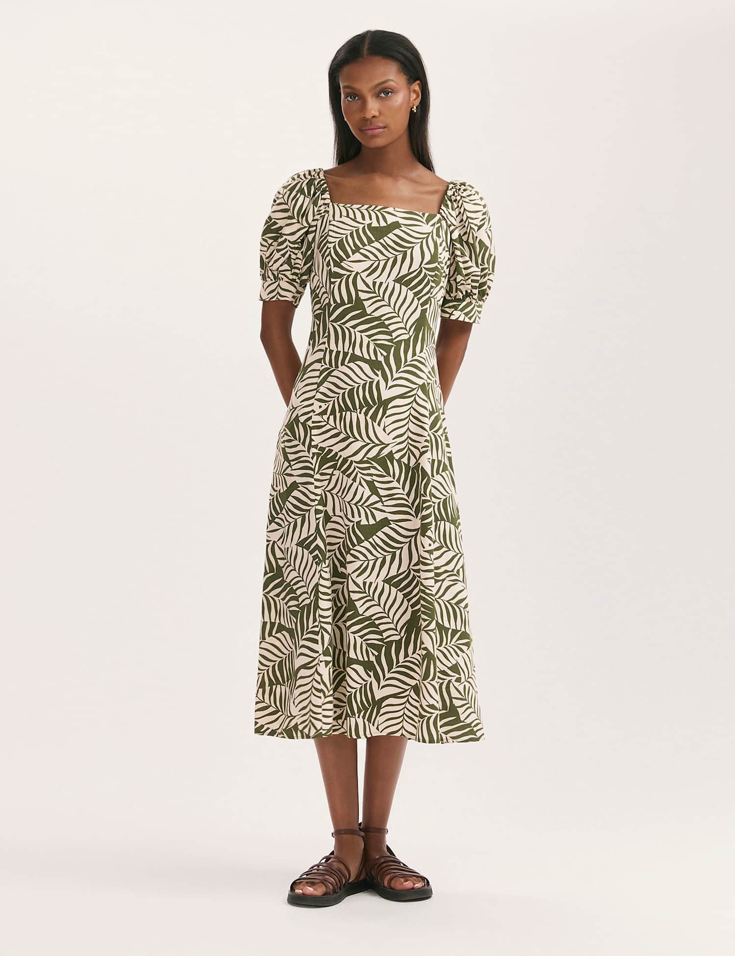 Finery London Leaf Print Square Neck Midi Tea Dress Green Mix