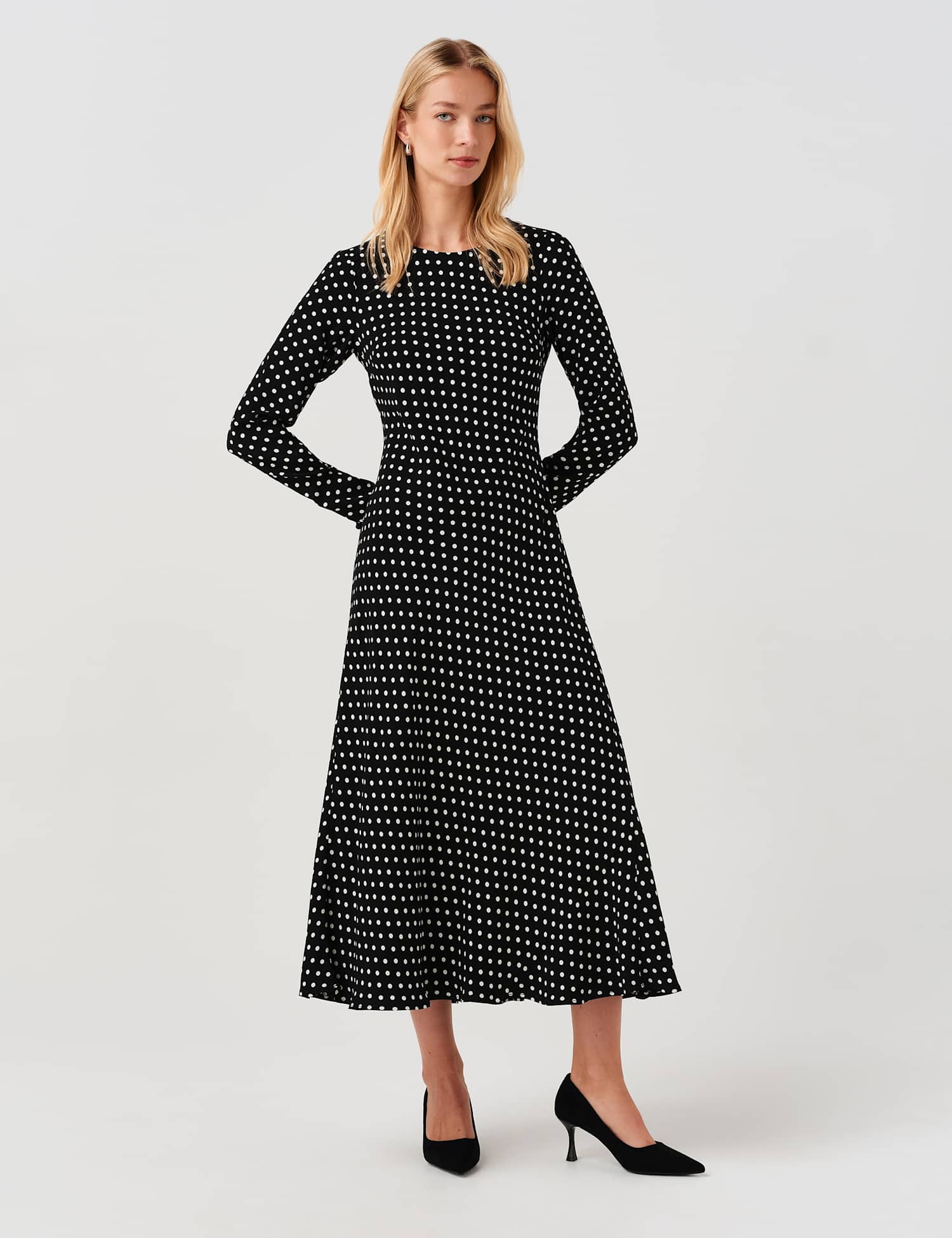 Ghost Polka Dot Round Neck Midi Waisted Dress Black Mix