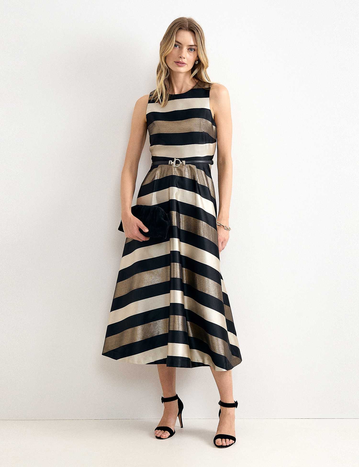 Phase Eight Satin Striped Square Neck Midi Skater Dress Black Mix