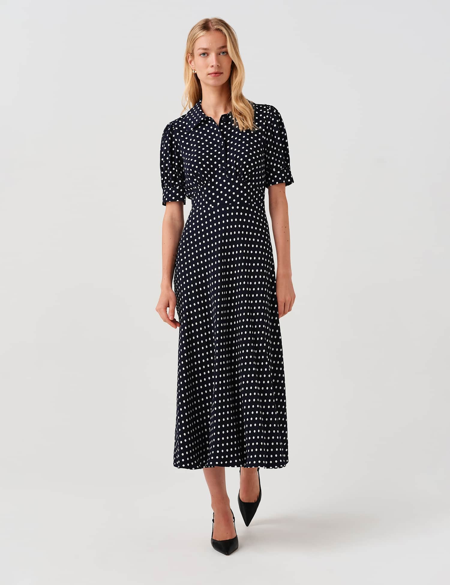 Ghost Polka Dot Midi Waisted Dress Navy Mix
