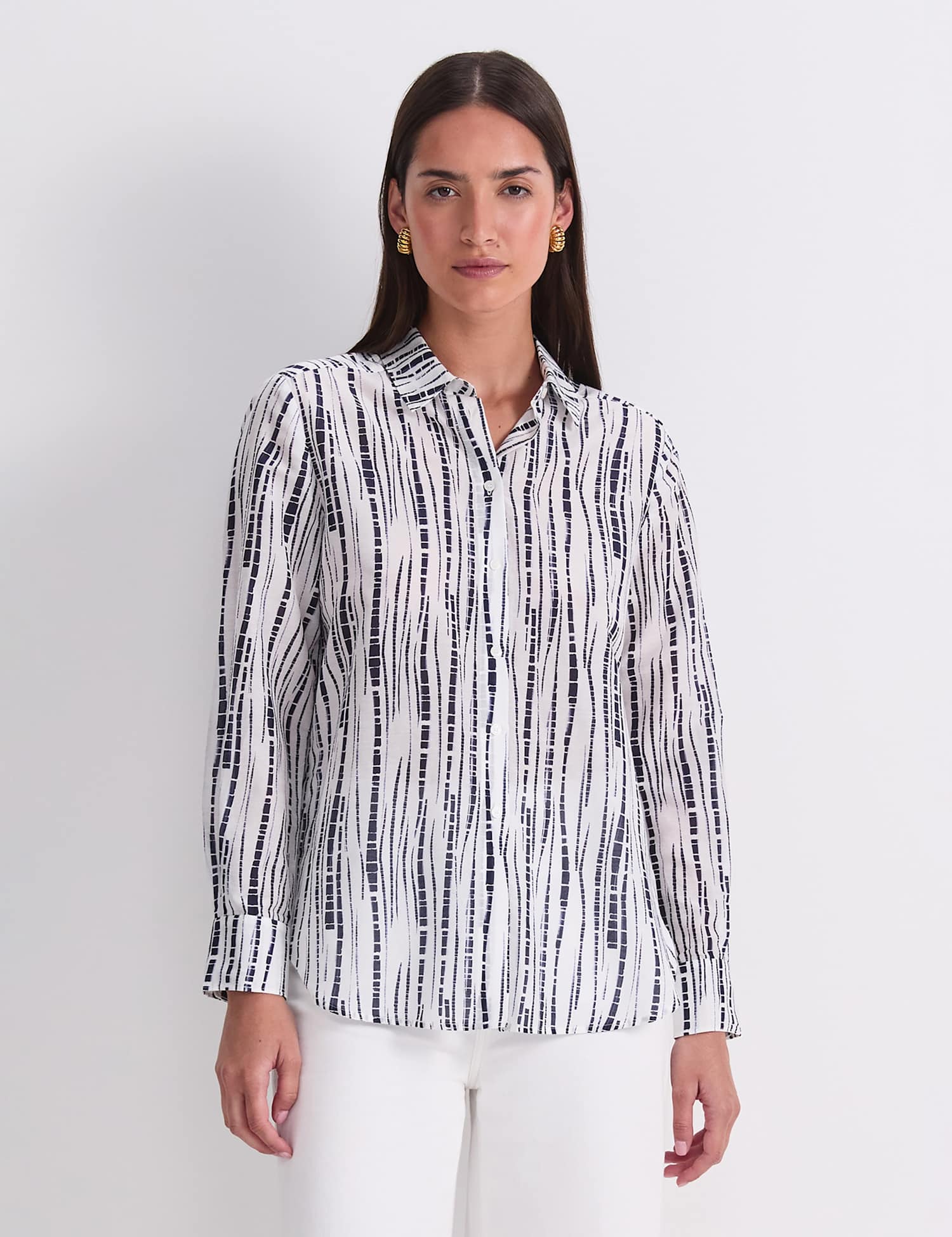 Sportscraft Cotton Silk Blend Geometric Collared Shirt Navy
