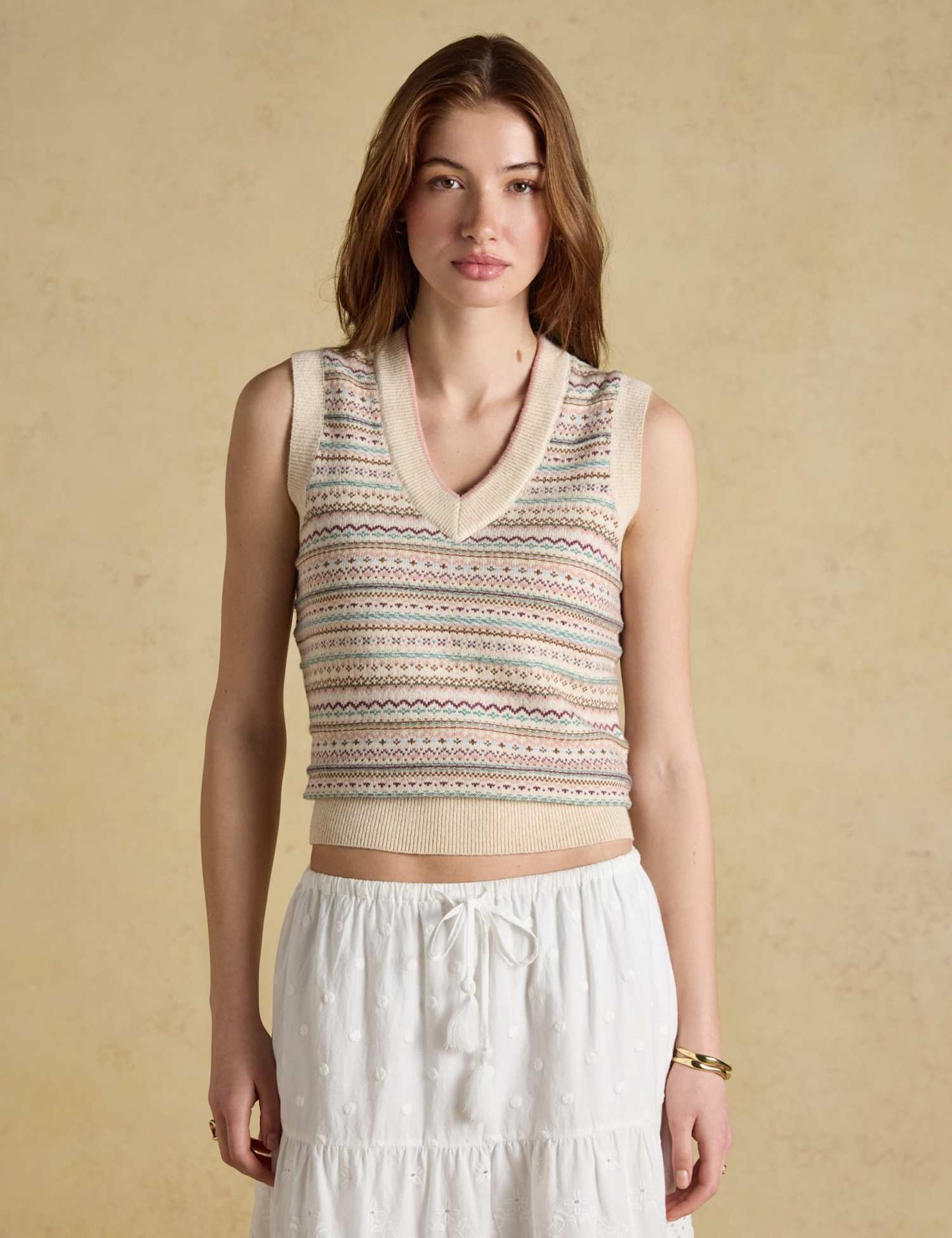 Joules Cotton Rich Fair Isle Knitted Vest with Wool Natural Mix