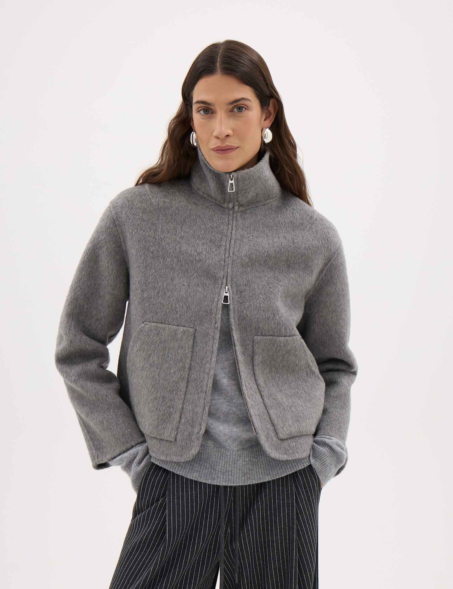HUSH Pure Wool Funnel Neck Short Jacket Grey Marl