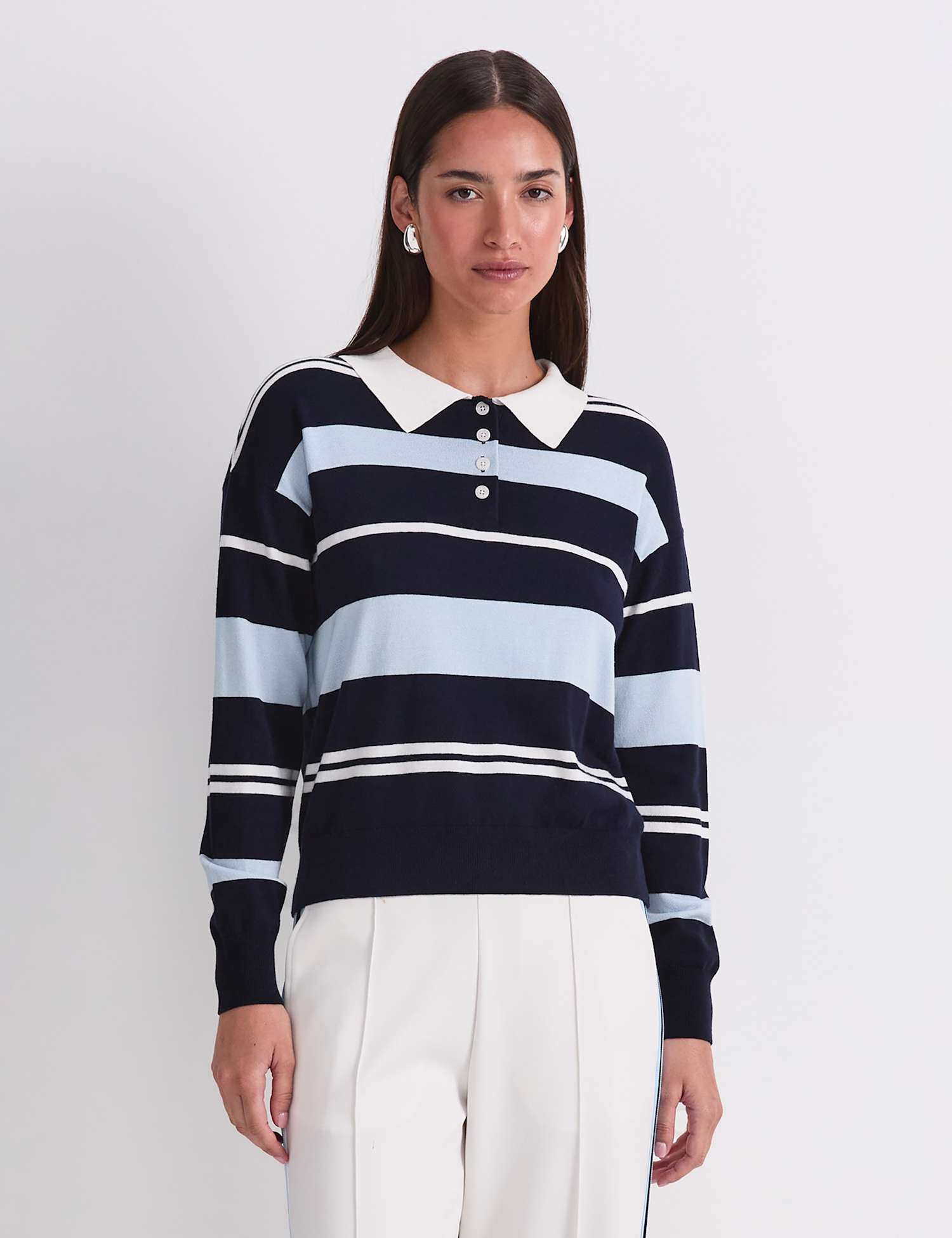 Sportscraft Silk Rich Striped Polo Neck Shirt Navy