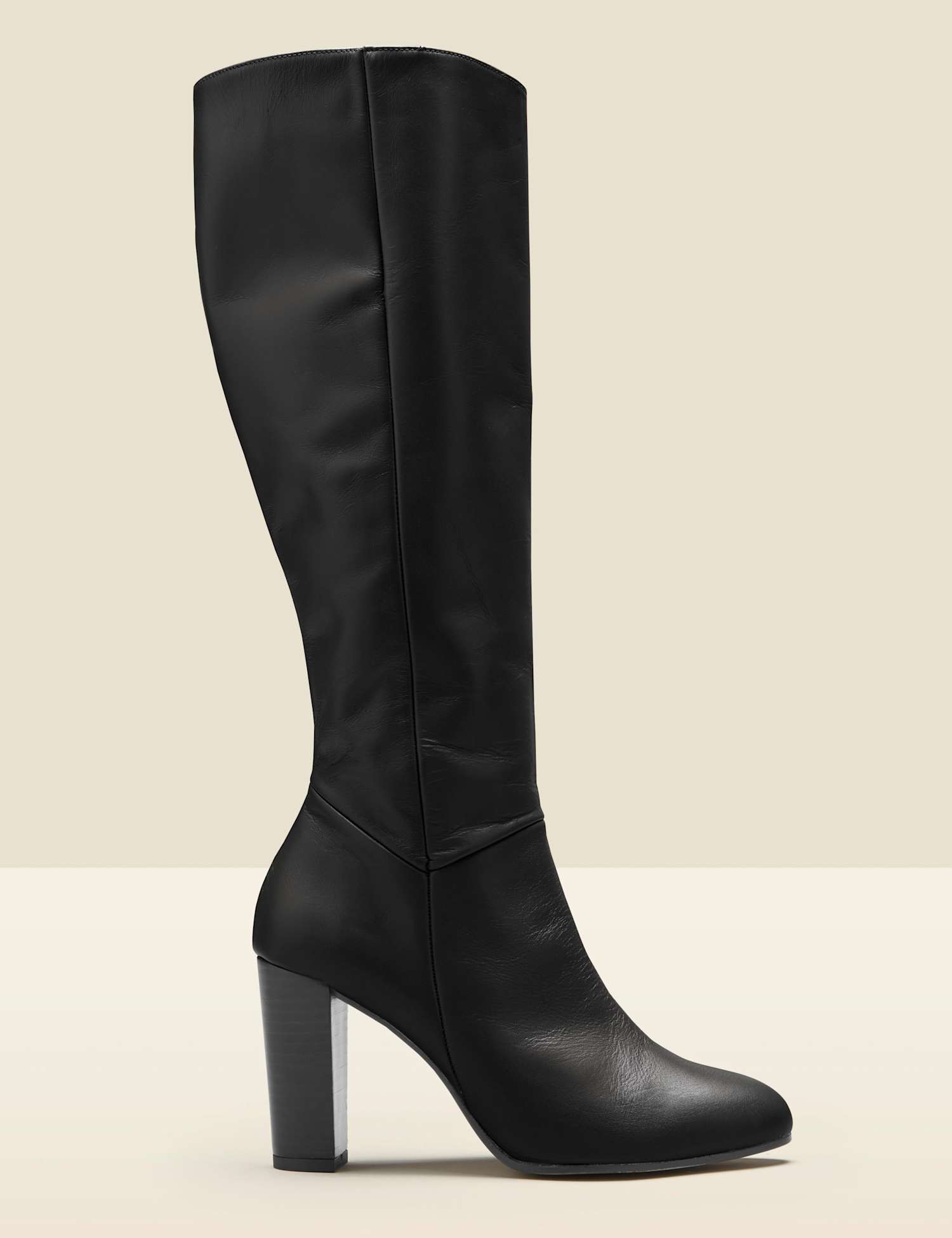 SOSANDAR Leather Block Heel Knee High Boots Black