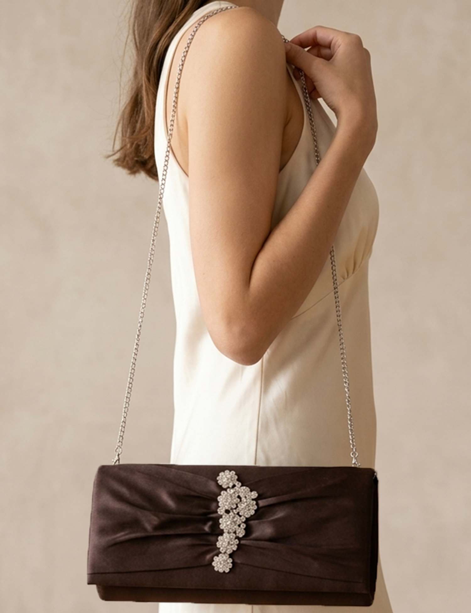 Jones Bootmaker Faux Leather Diamante Clutch Bag Chocolate