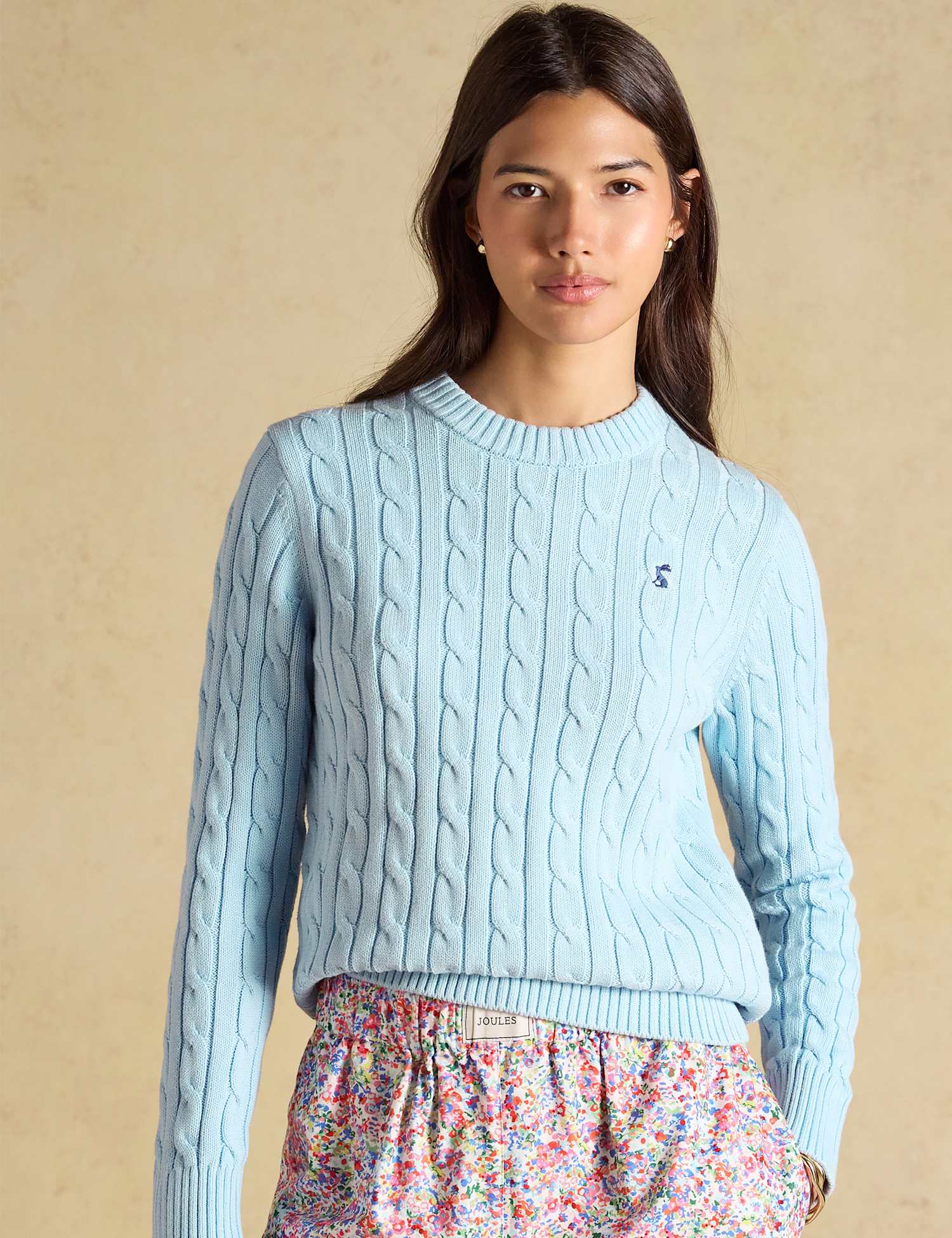 Joules Pure Cotton Cable Knit Crew Neck Jumper Light Blue