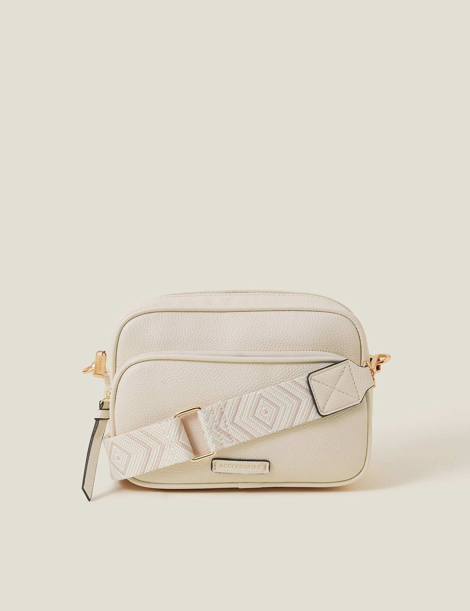 ACCESSORIZE Faux Leather Double Zip Cross Body Camera Bag Cream