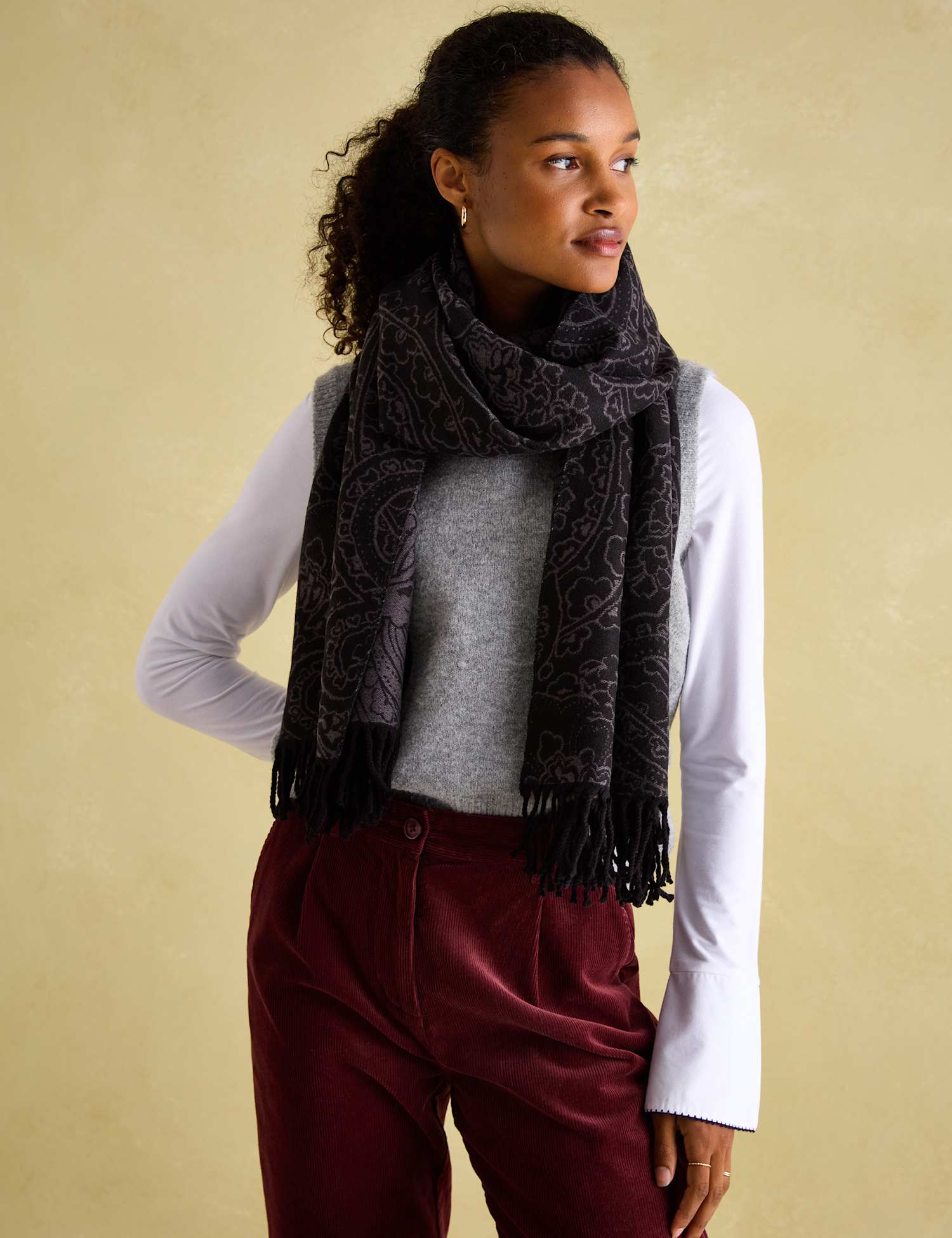 Joules Jacquard Floral Tassel Scarf Black Mix