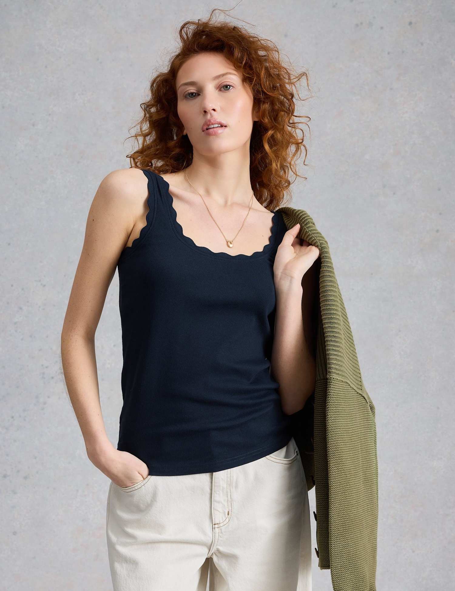 White Stuff Piper Pure Cotton Ribbed Wavy Trim Vest Navy