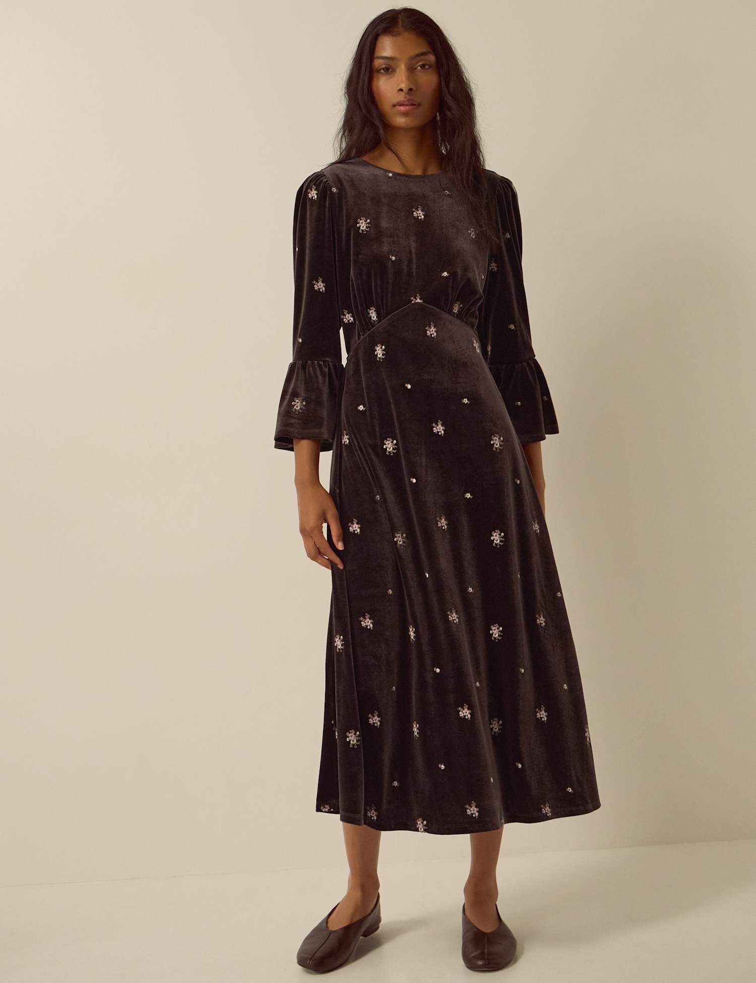 Monsoon Velvet Embroidered Crew Neck Midi Dress Chocolate