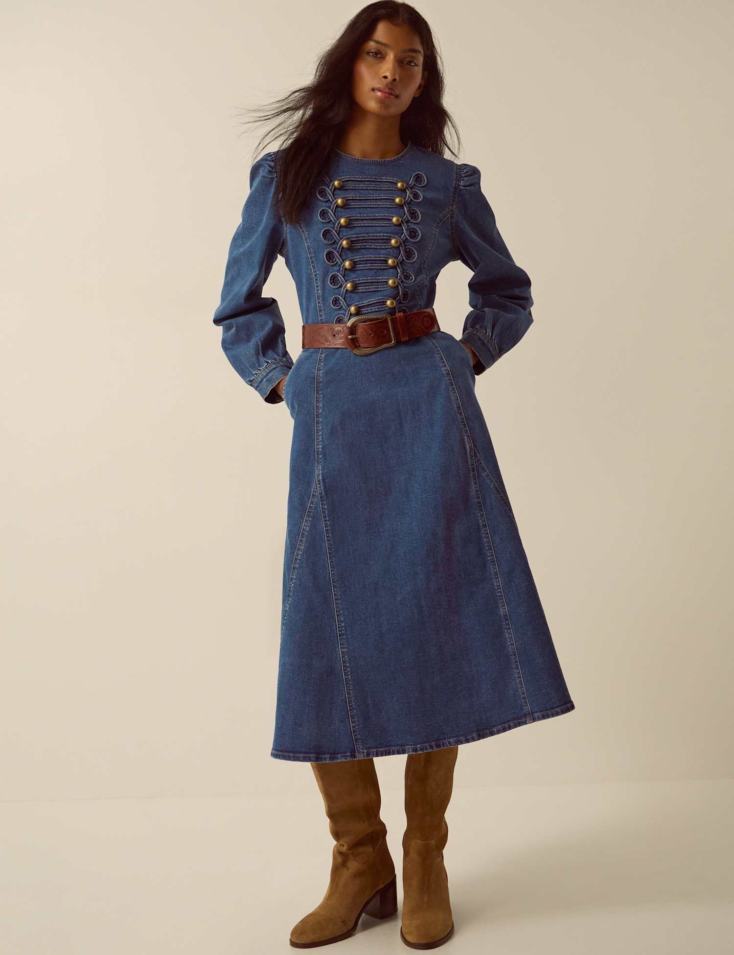 Monsoon Denim Round Neck Midi Dress Blue