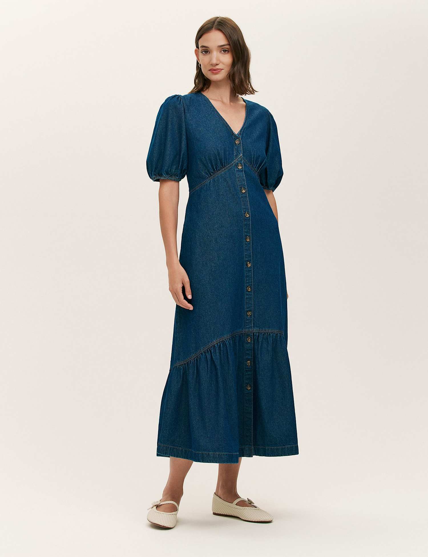 Finery London Denim Button Through Midi Tiered Dress Blue