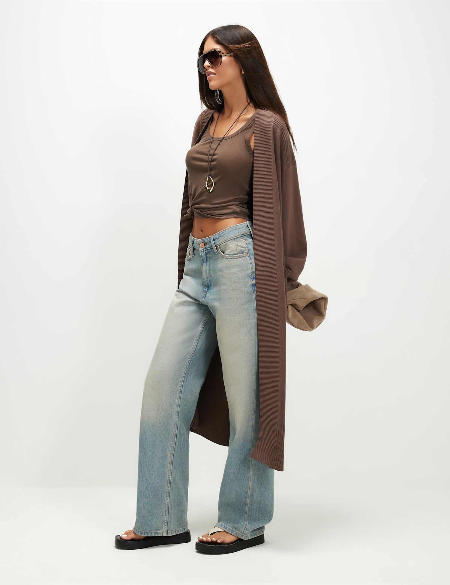 River Island Ribbed Longline Cardigan Beige