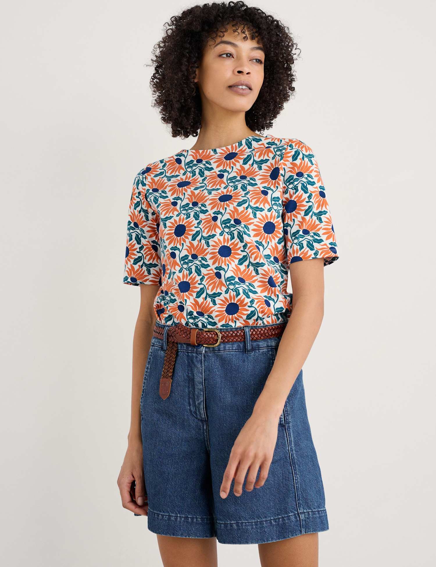 Seasalt Cornwall Pure Cotton Floral Slim T-Shirt Orange Mix