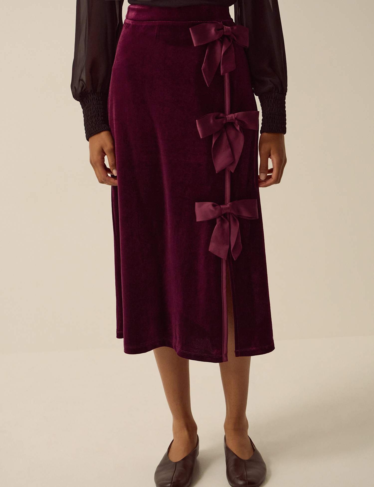 Monsoon Velvet Bow Detail Midi Pencil Skirt Burgundy