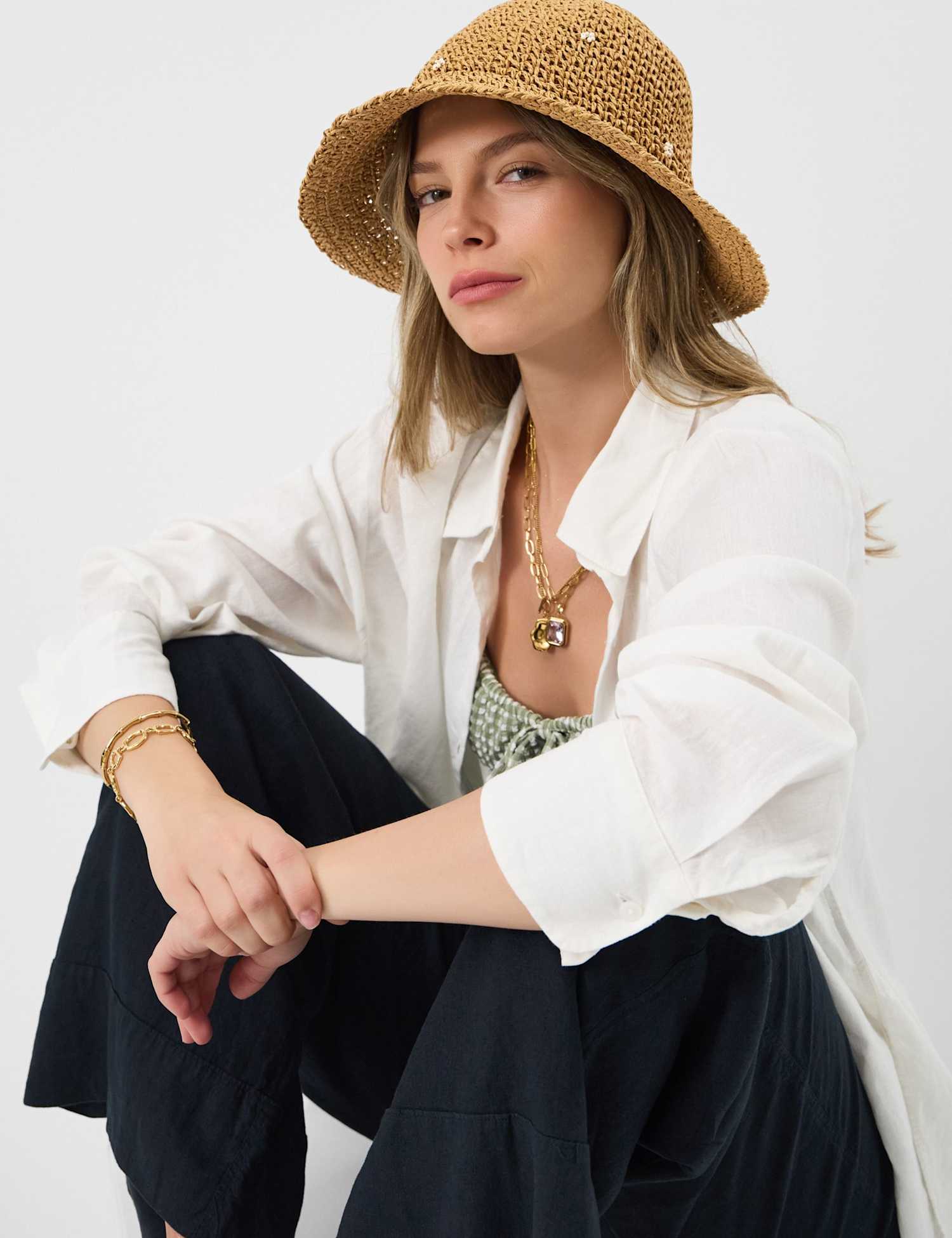 ACCESSORIZE Straw Beaded Flower Bucket Hat Natural