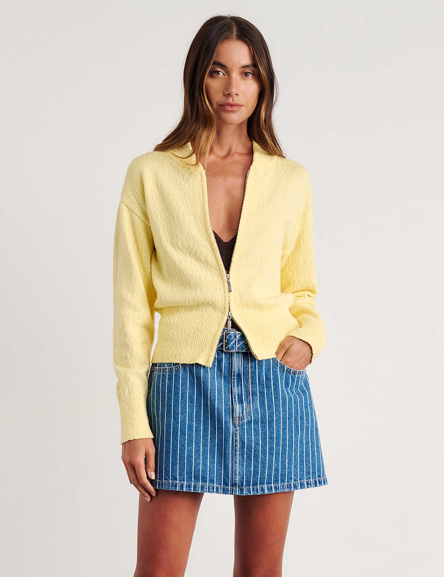 Jag Pure Cotton Textured Zip Up Cardigan Yellow