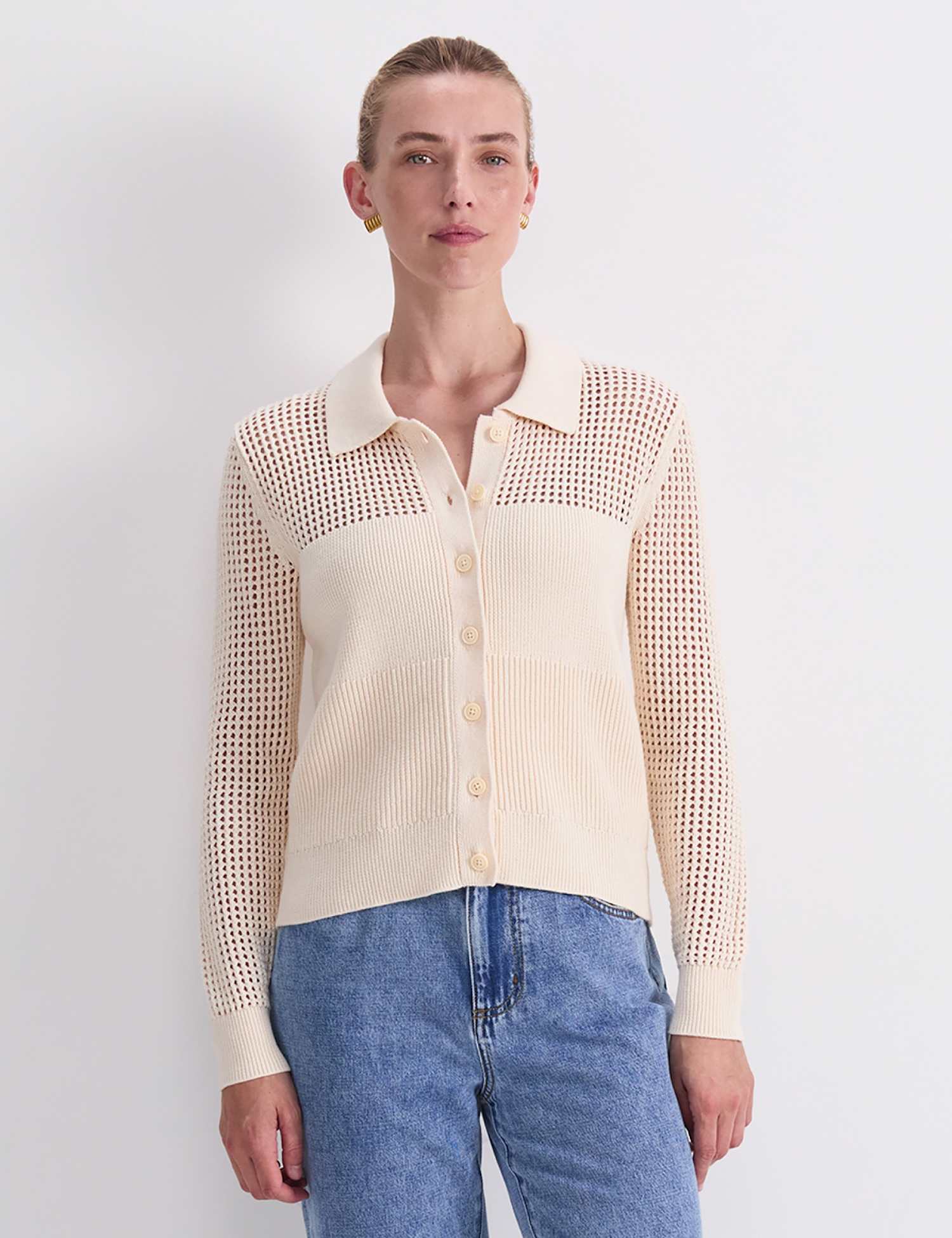 Sportscraft Pure Cotton Textured Pointelle Cardigan Cream