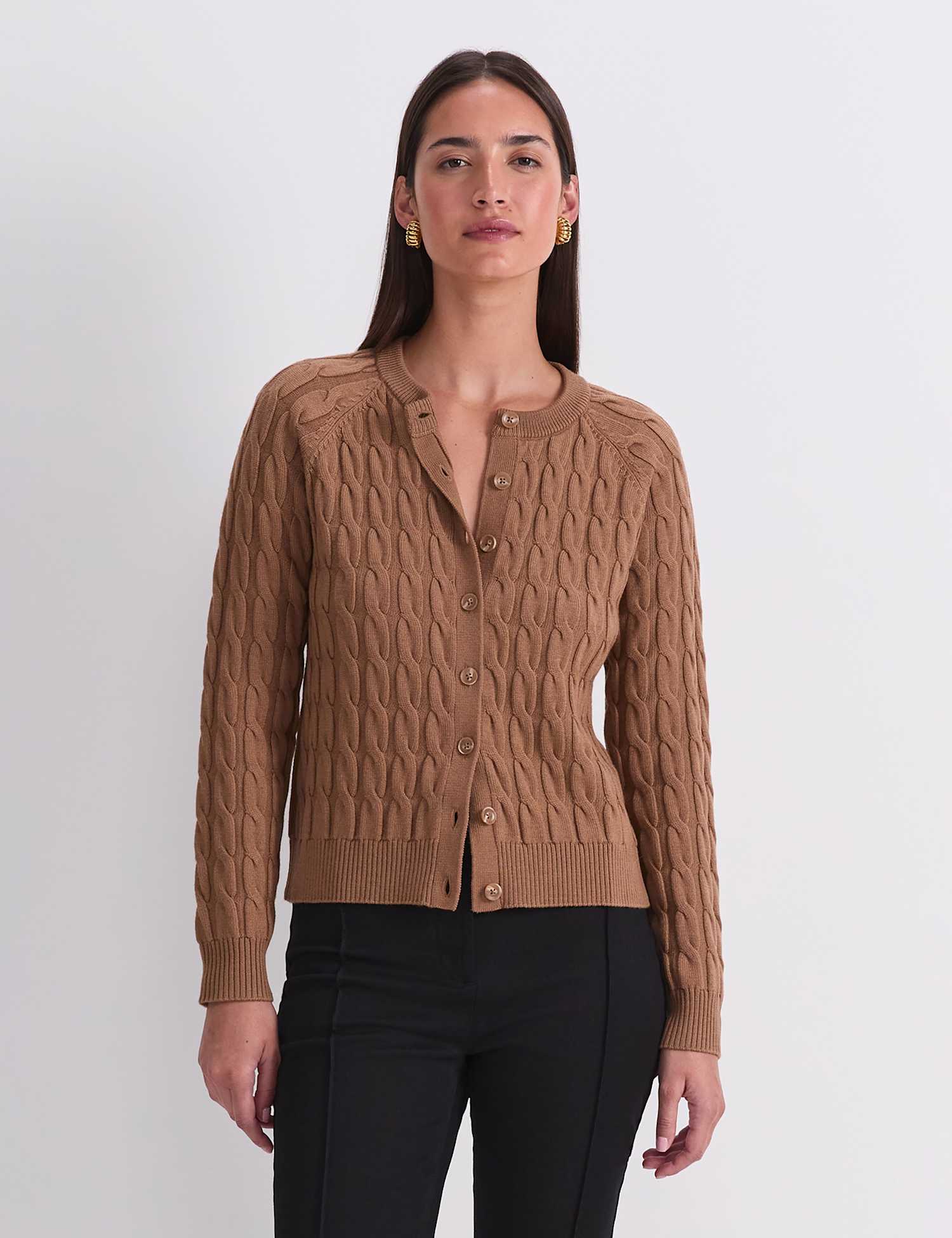 Sportscraft Pure Merino Wool Cable Knit Cardigan Brown