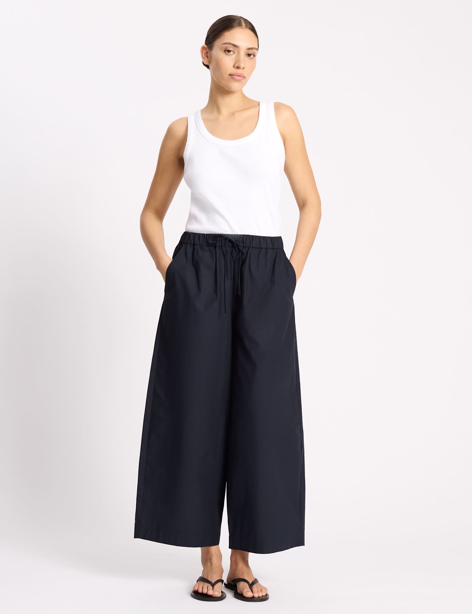 Albaray Pure Cotton Barrel Leg Ankle Grazer Trousers Navy