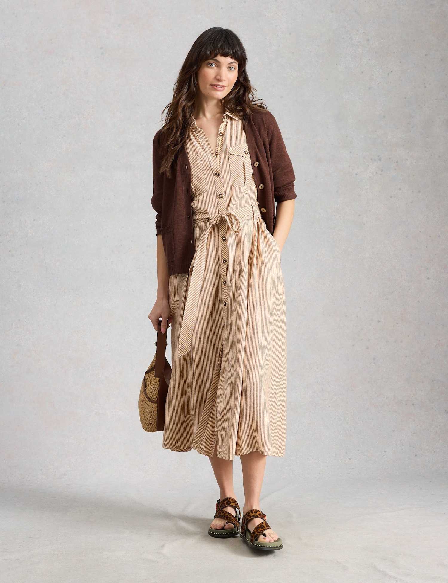 White Stuff Cotton Rich V-Neck Cardigan with Linen Brown