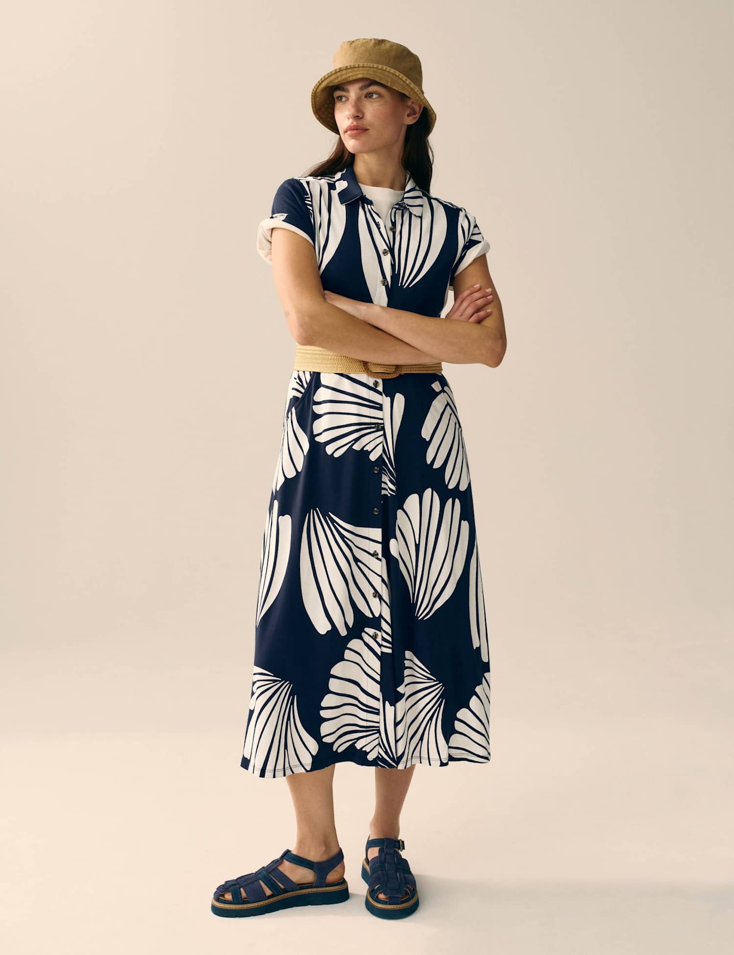 White Stuff Rua Cotton Blend Printed Midi Shirt Dress Navy Mix