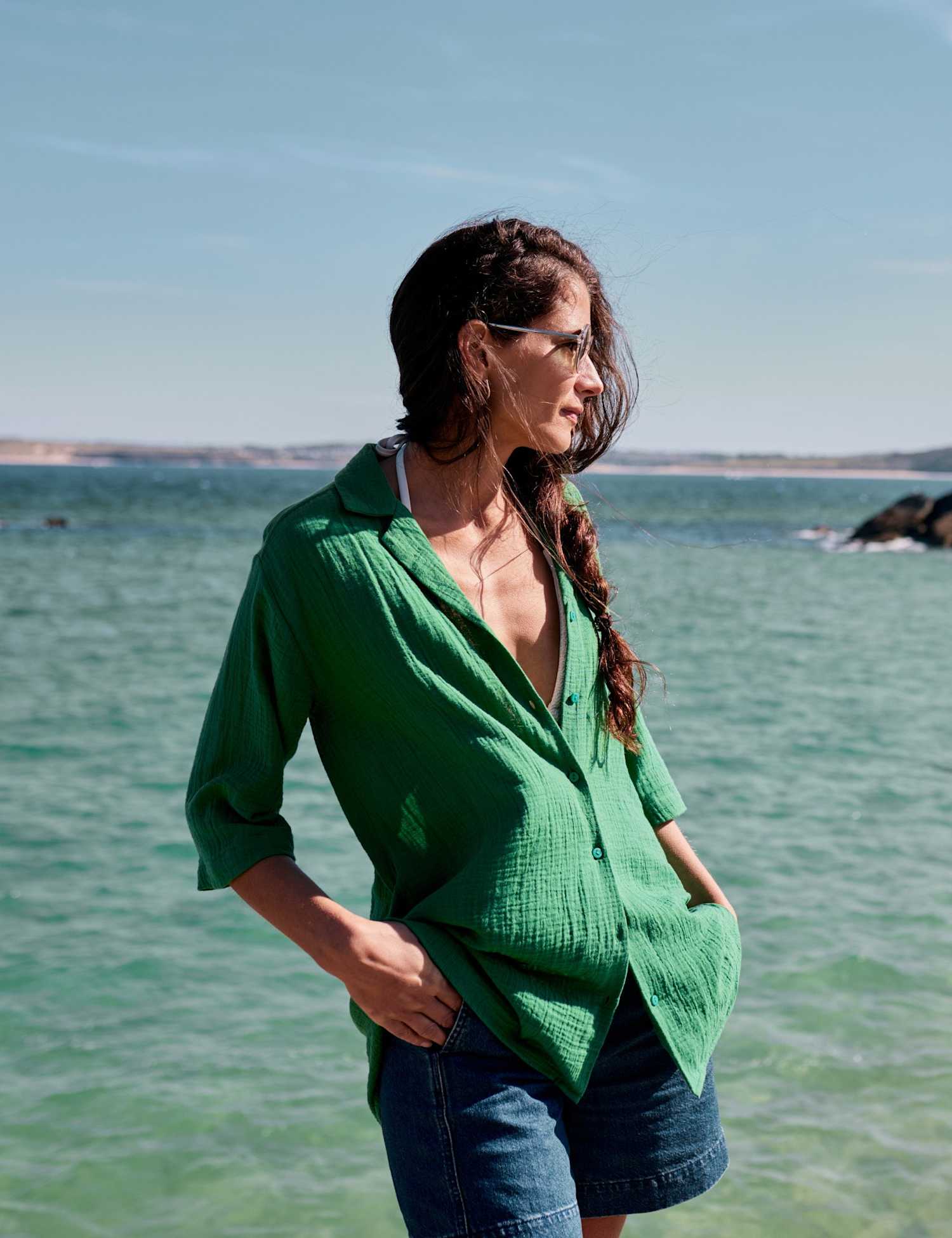 Seasalt Cornwall Pure Cotton Textured Collared Relaxed Shirt Green