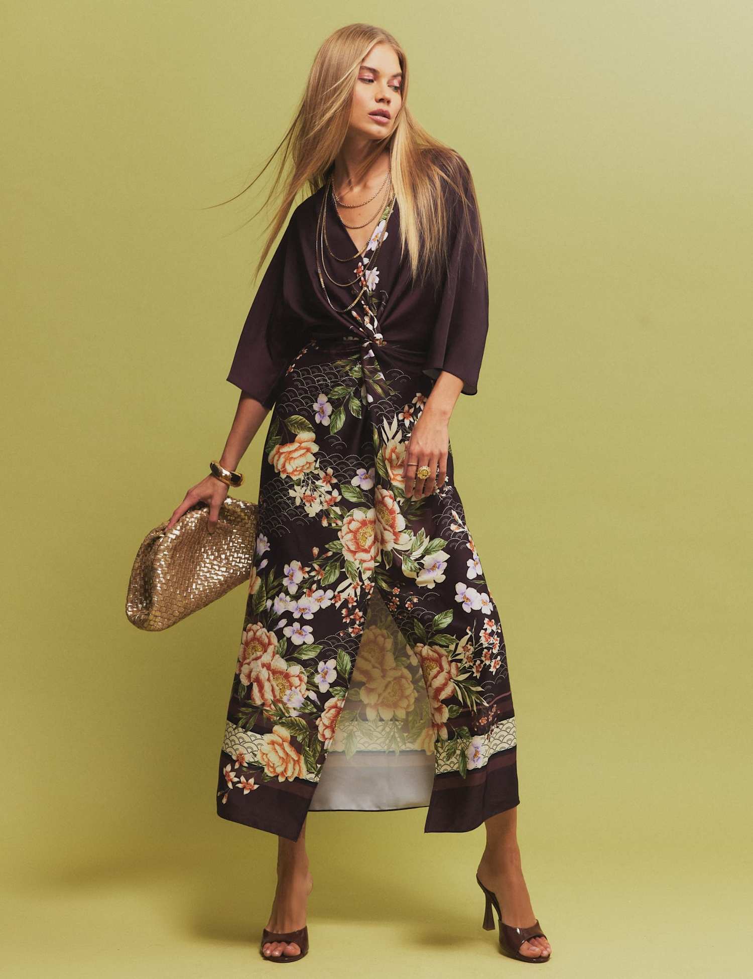 River Island Printed V Neck Twist Front Midi Shift Dress Brown Mix