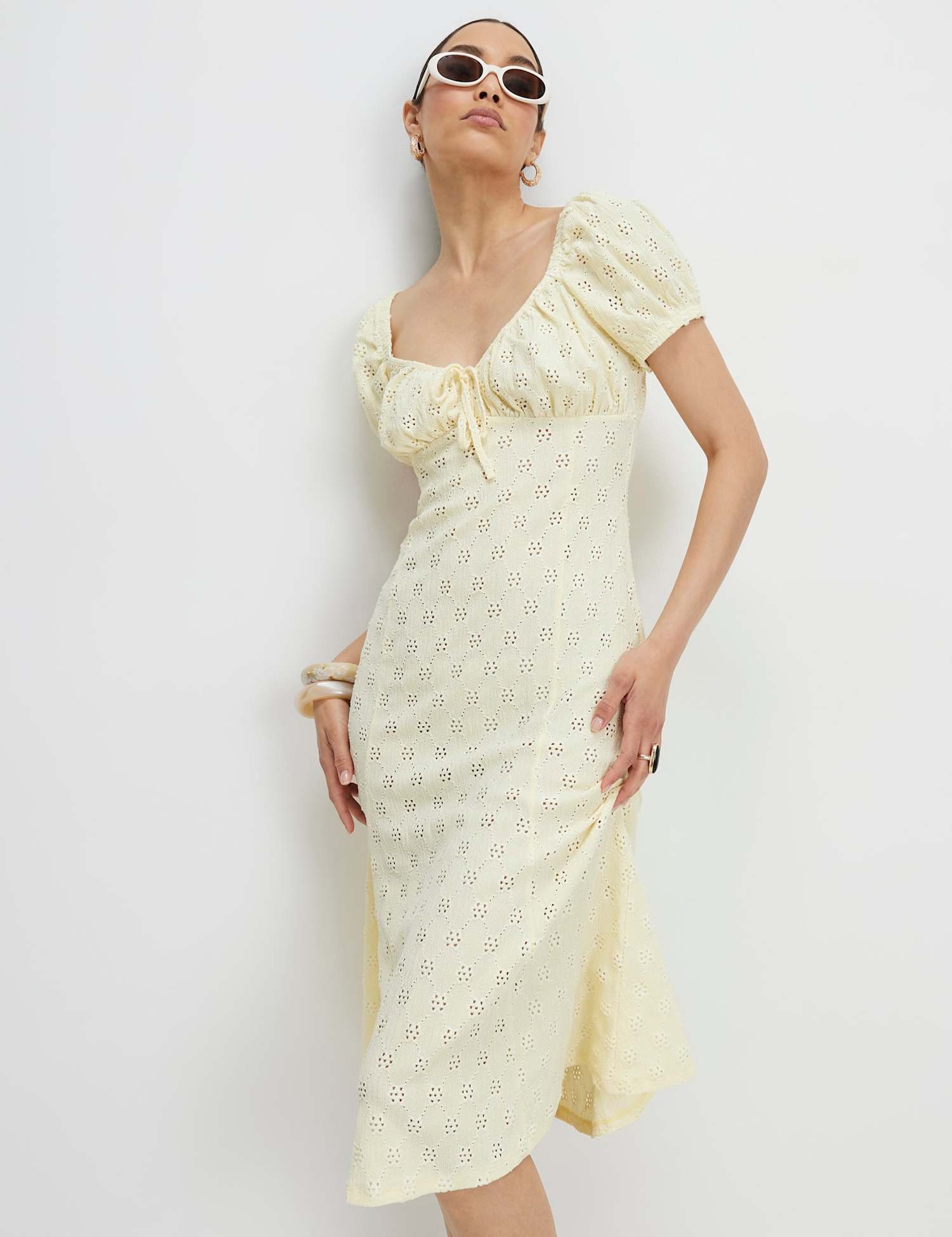 River Island Jersey Broderie Midi Waisted Dress Yellow