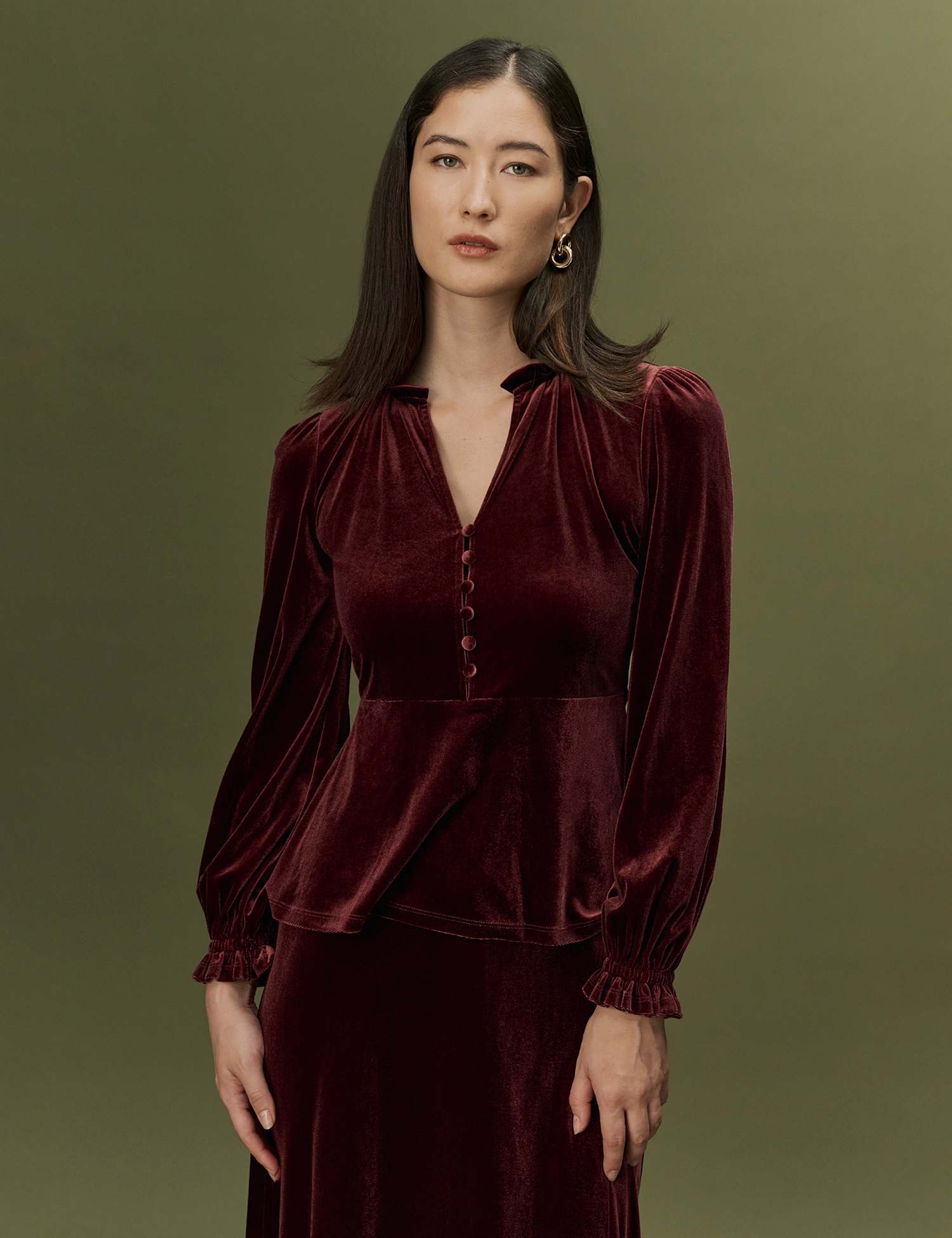 Ghost Velvet V Neck Frill Detail Top Dark Purple