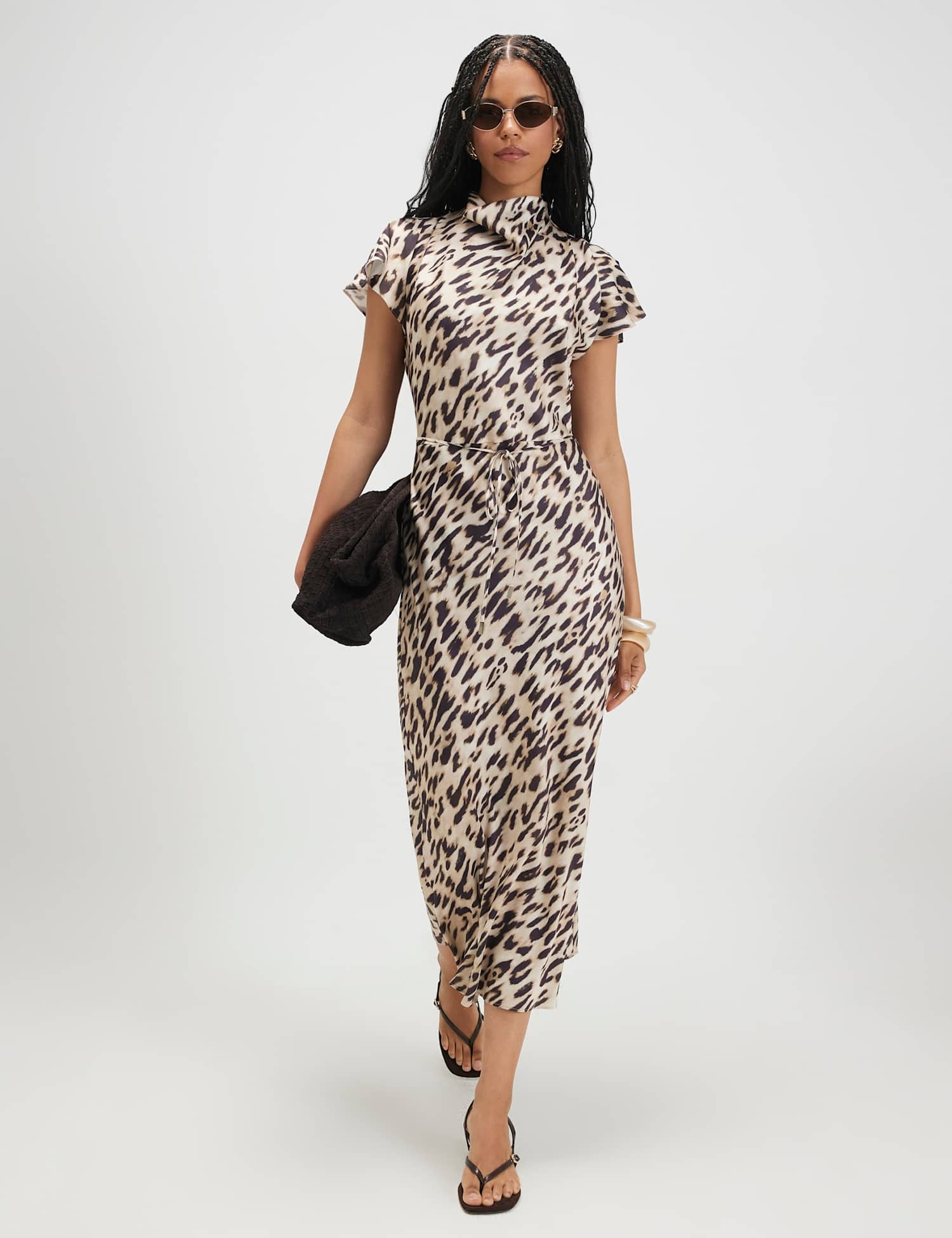 River Island Leopard Print Belted Midaxi Column Dress Beige Mix