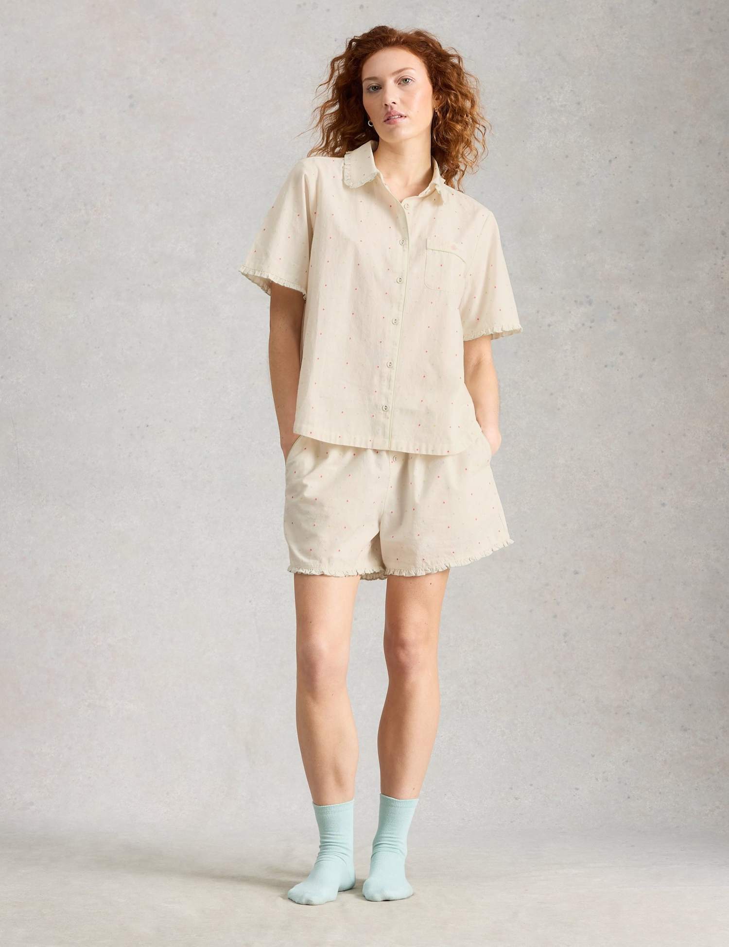 White Stuff Pure Cotton Polka Dot Collared Pyjama Top White Mix