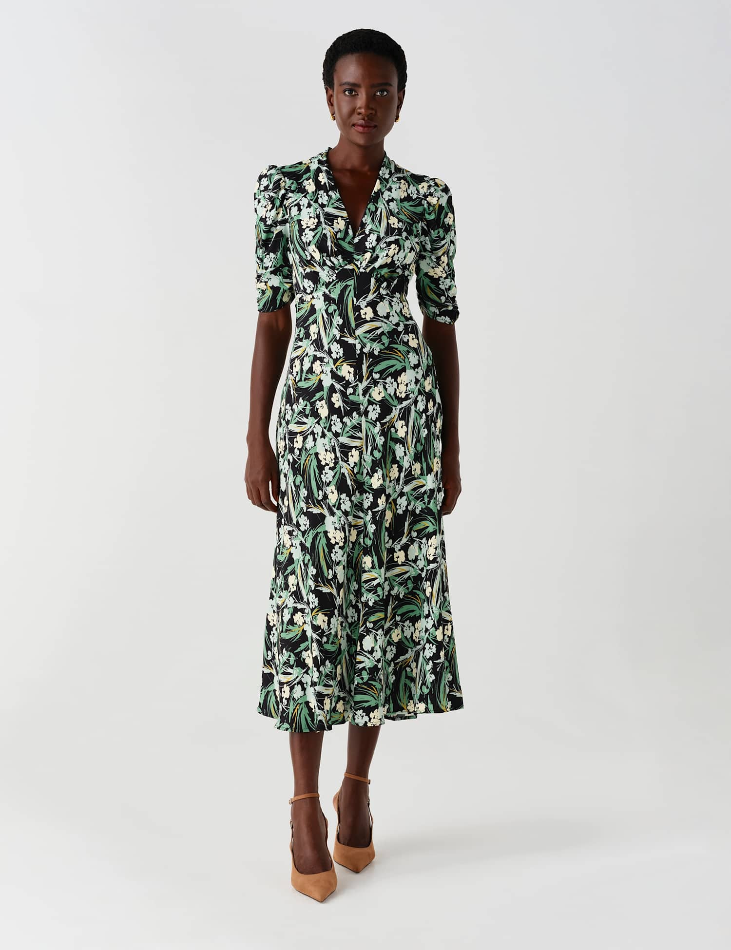 Ghost Crepe Floral V Neck Puff Sleeve Tea Dress Green Mix