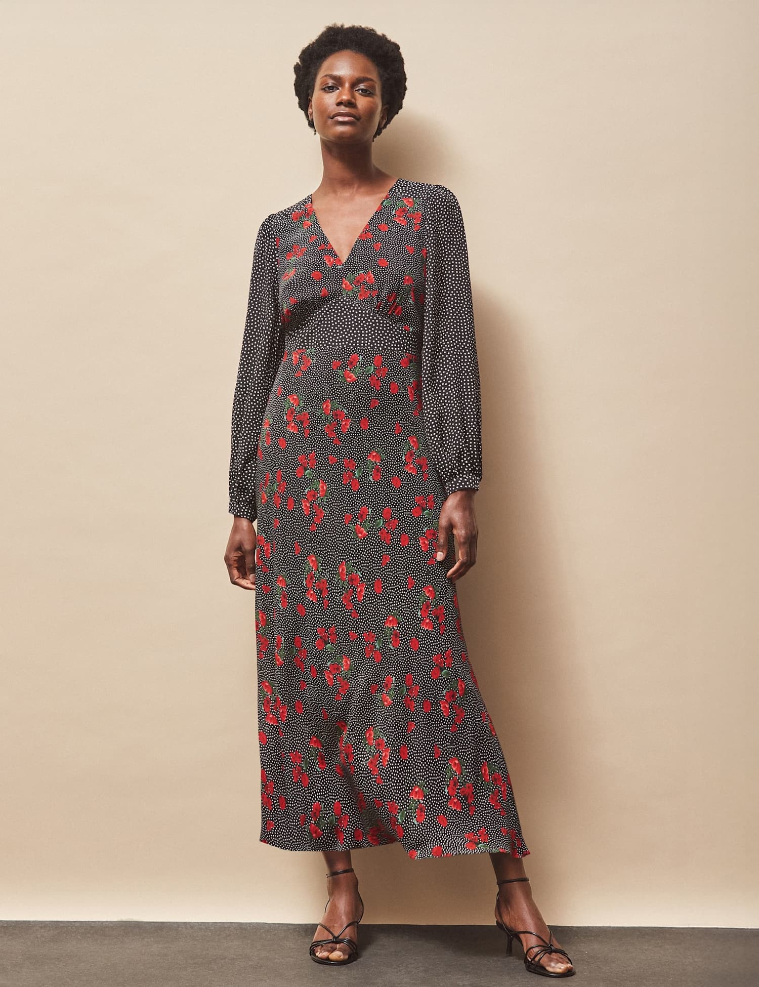 RO&ZO Floral Spot V-Neck Midaxi Waisted Dress Red Mix