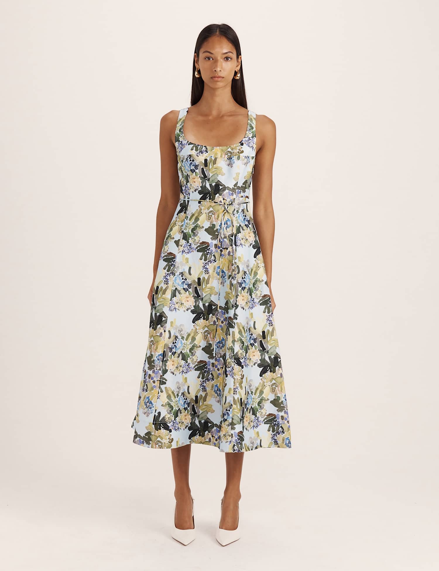 SABA Linen Rich Floral Scoop Neck Midi Dress Multi