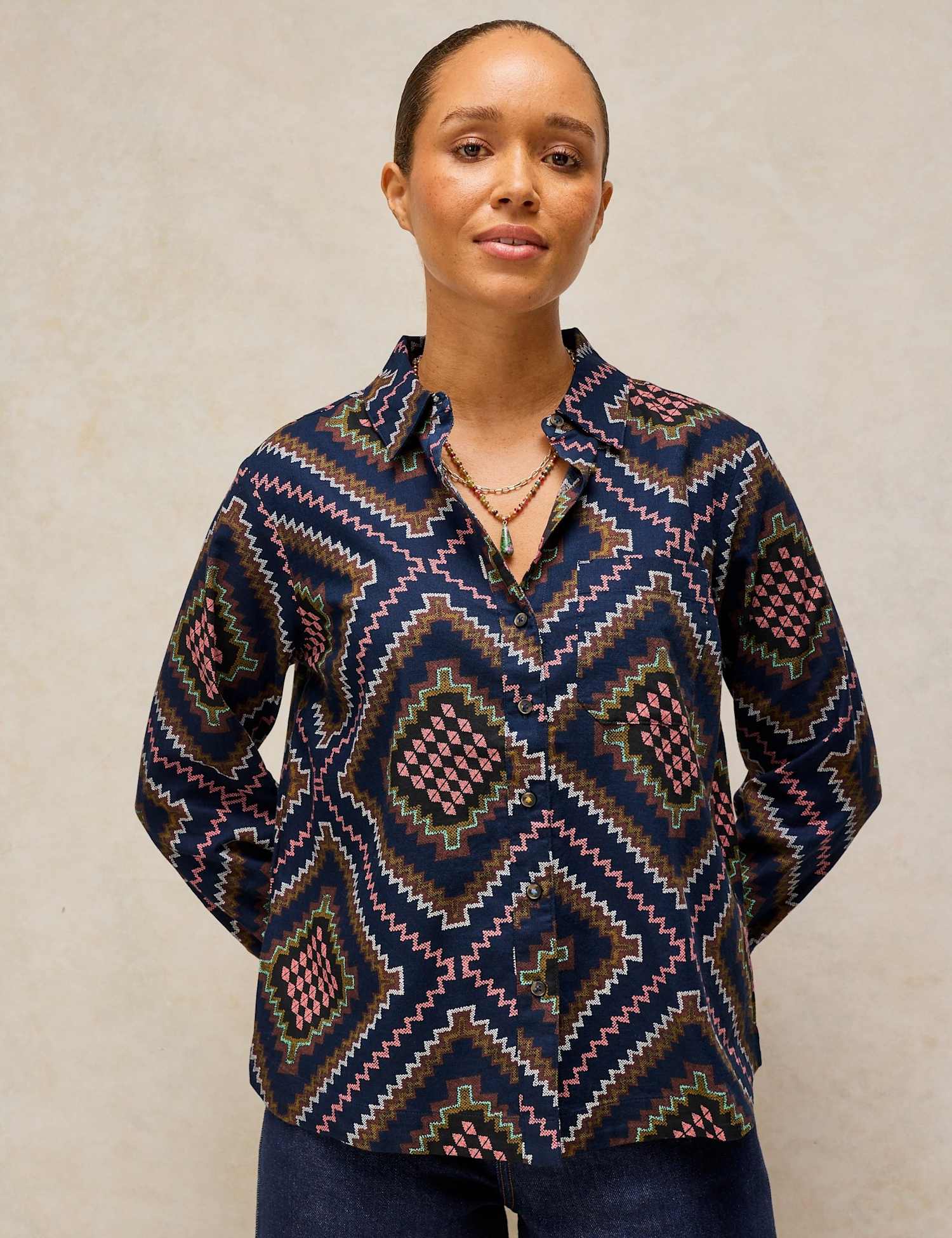 White Stuff Pure Cotton Printed Collared Shirt Navy Mix