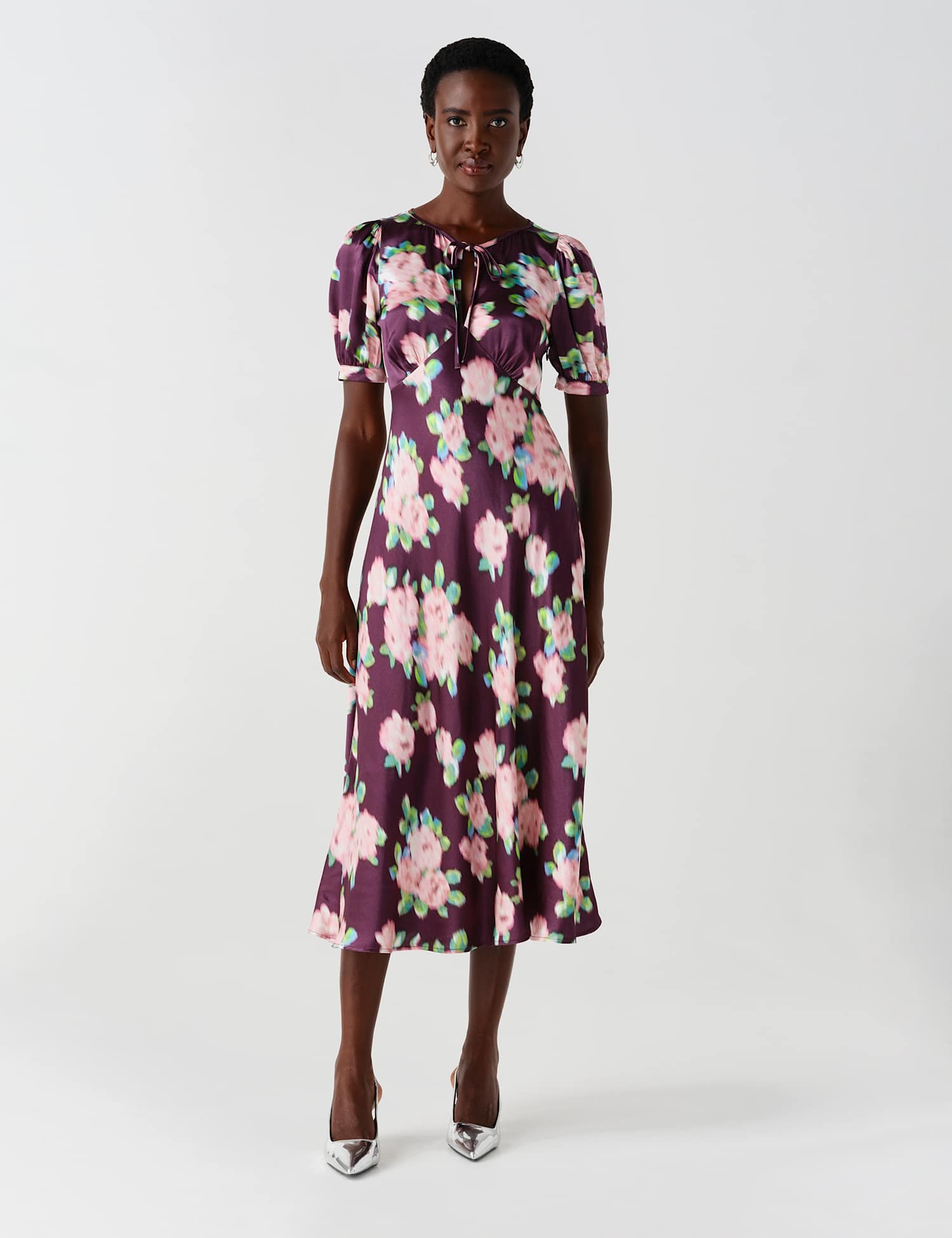 Ghost Crepe Floral Puff Sleeve Midi Slip Dress Purple Mix