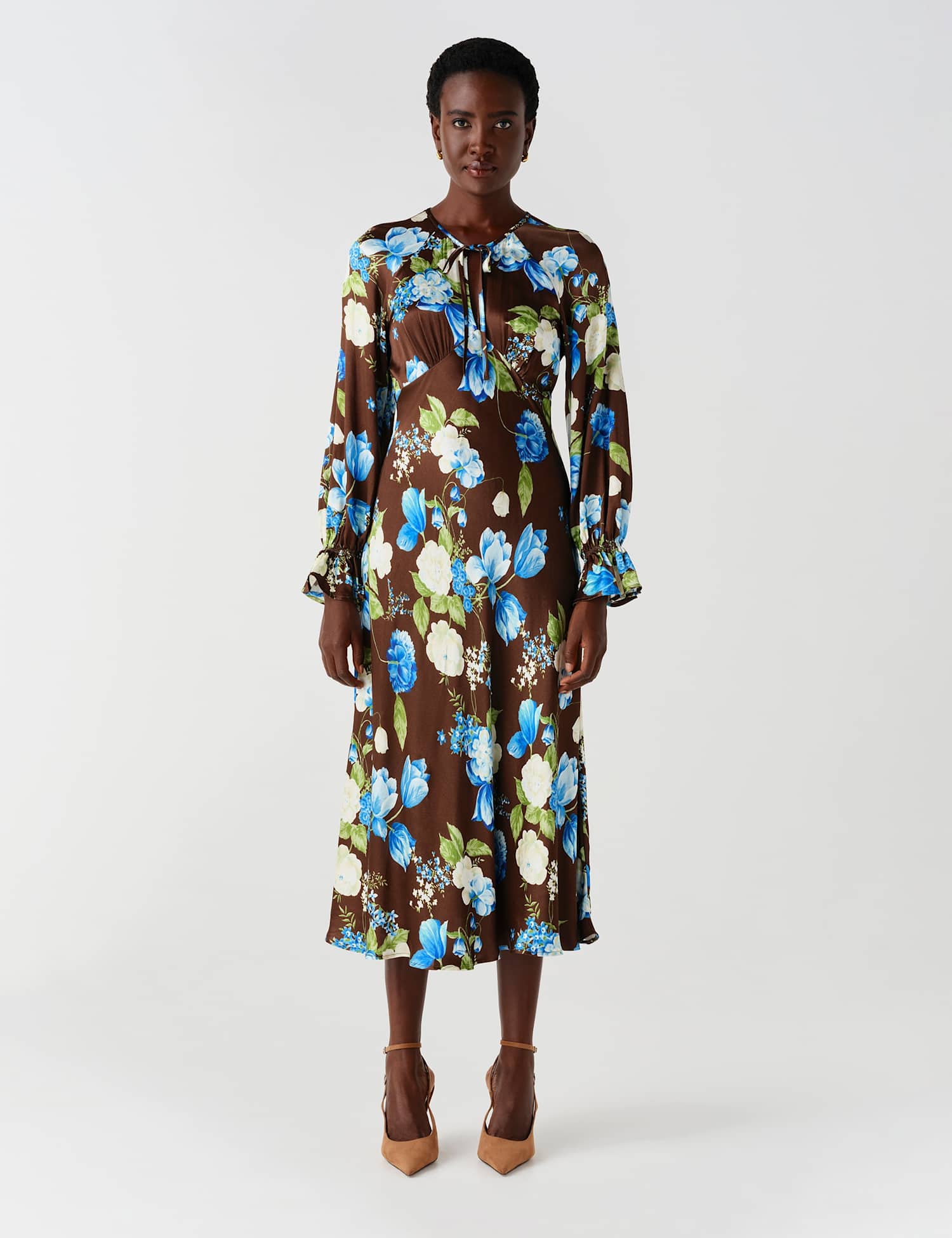 Ghost Satin Floral Frill Detail Midi Waisted Dress Brown Mix