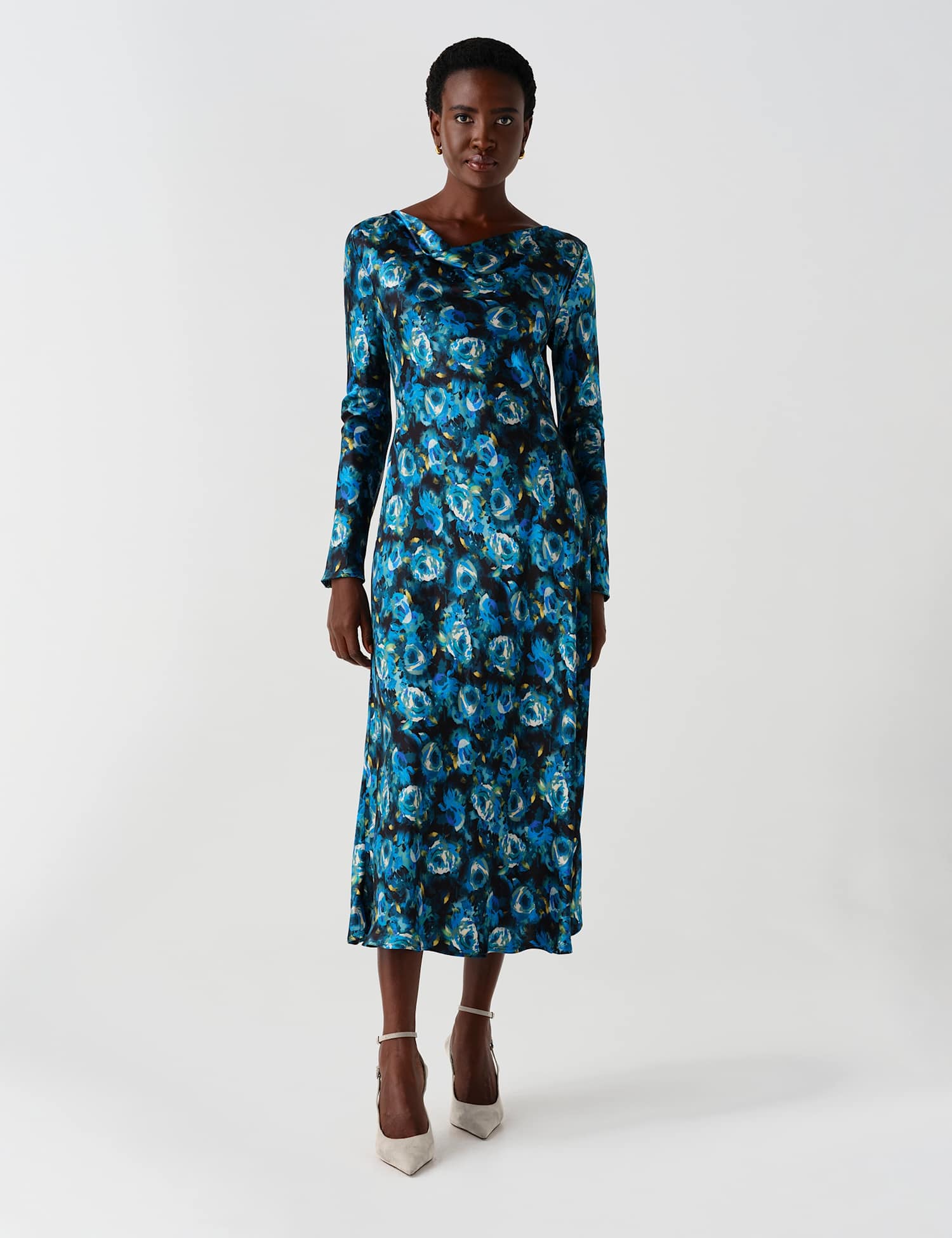 Ghost Satin Floral Cowl Neck Midi Waisted Dress Blue Mix