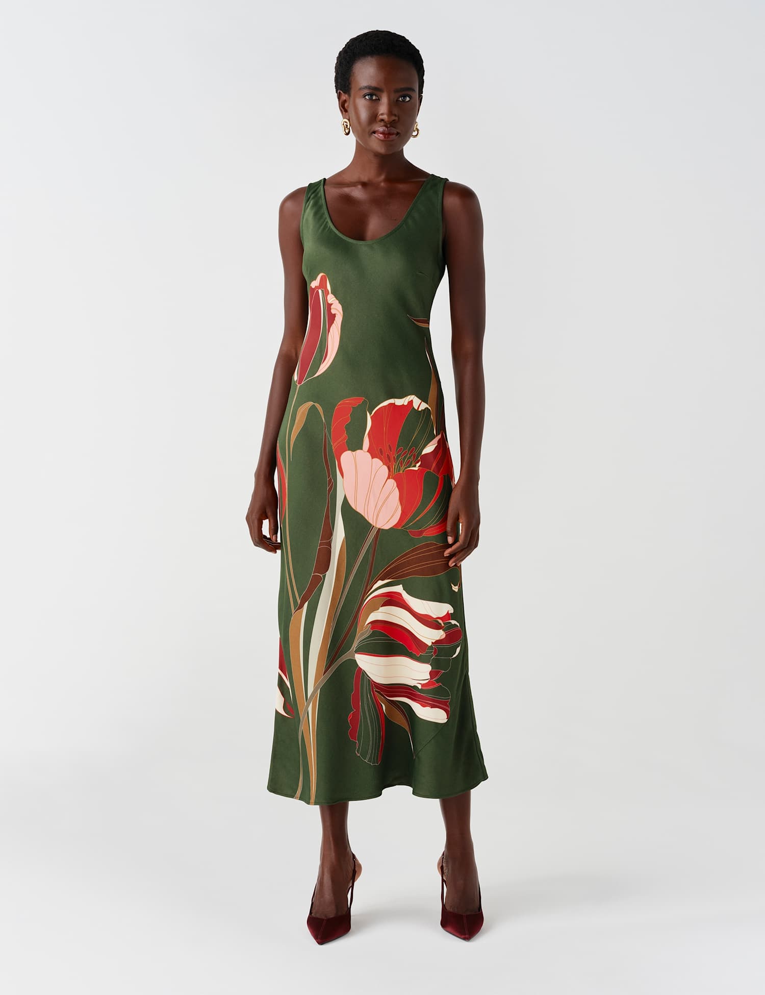 Ghost Satin Printed Scoop Neck Midi Slip Dress Green Mix