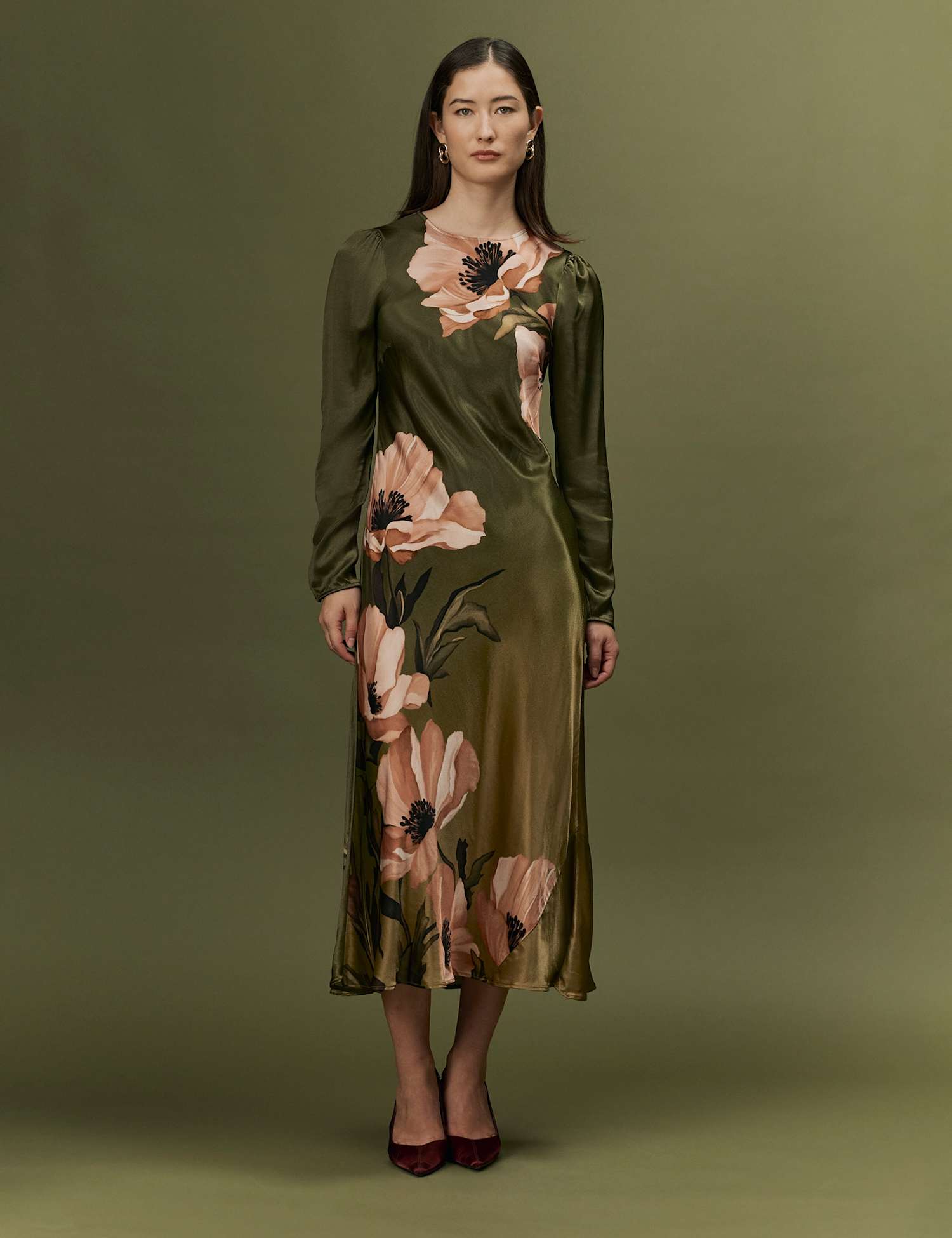 Ghost Satin Floral Keyhole Midi Dress Green Mix