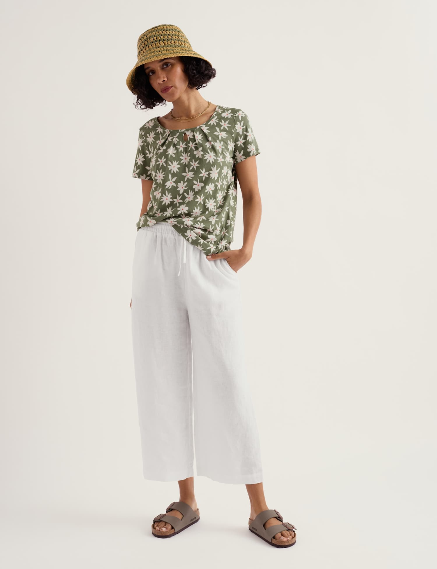 Seasalt Cornwall Floral Scoop Neck Keyhole T-Shirt Green Mix