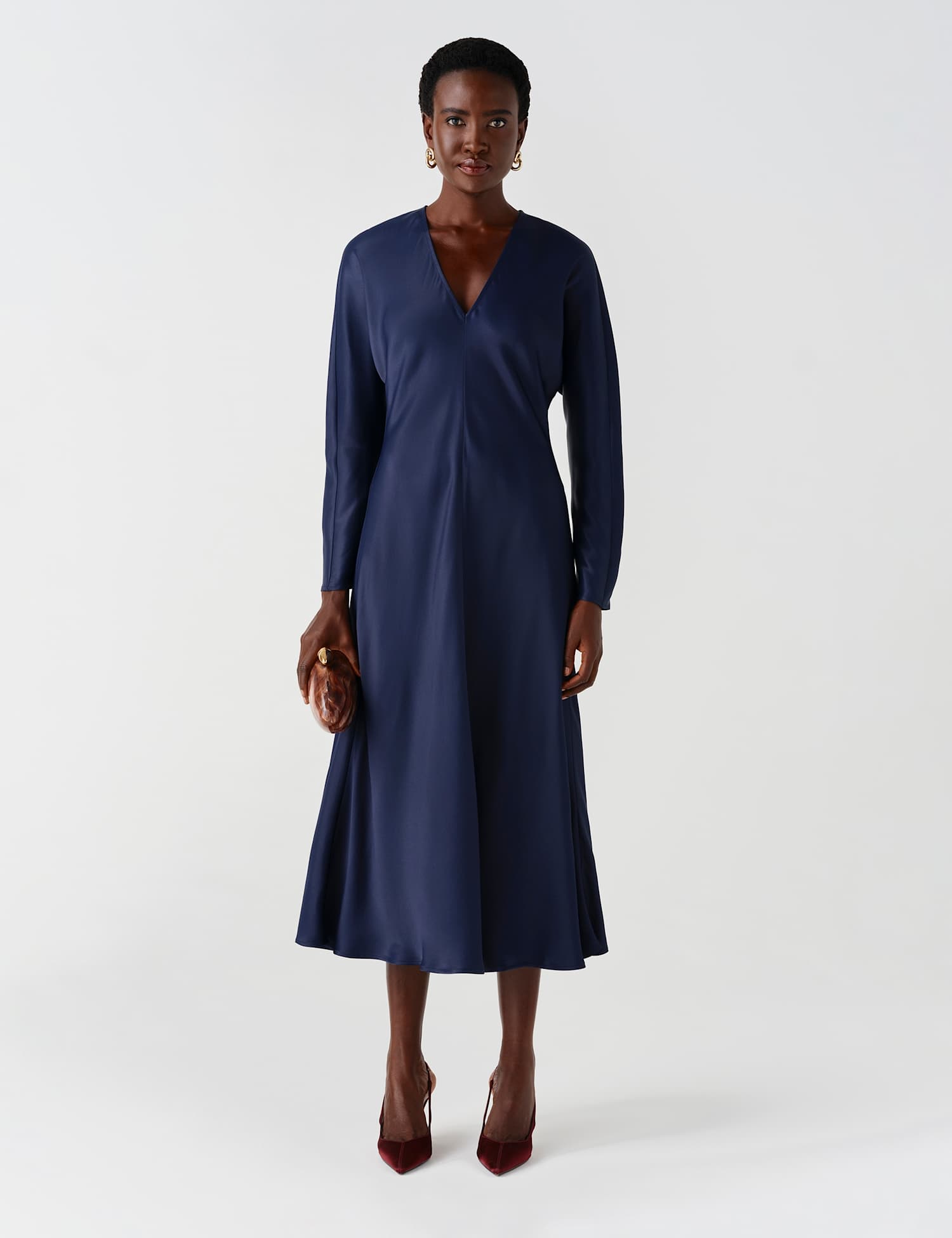 Ghost Satin V Neck Wrap Midaxi Column Dress Navy