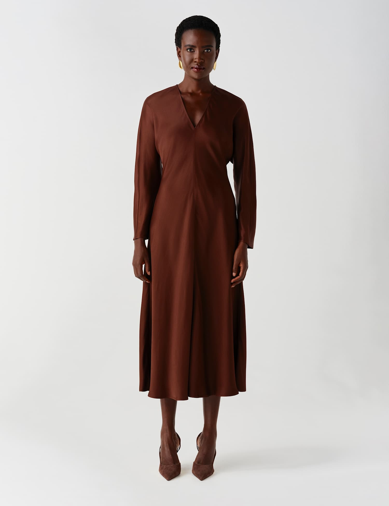 Ghost Satin V Neck Wrap Midaxi Column Dress Brown