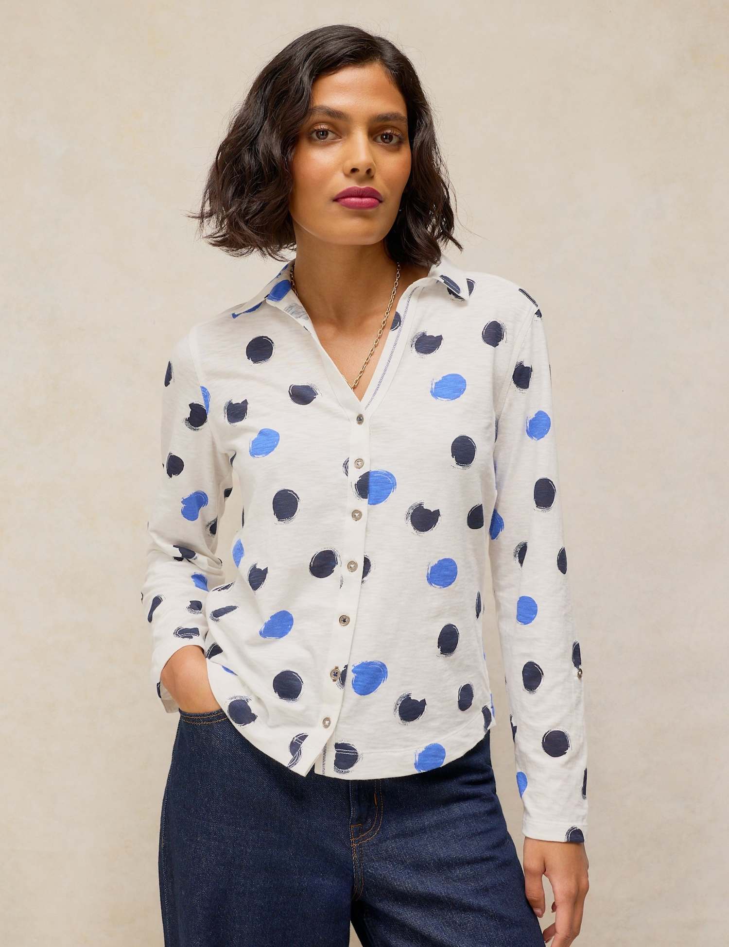White Stuff Pure Cotton Printed Collared Shirt White Mix