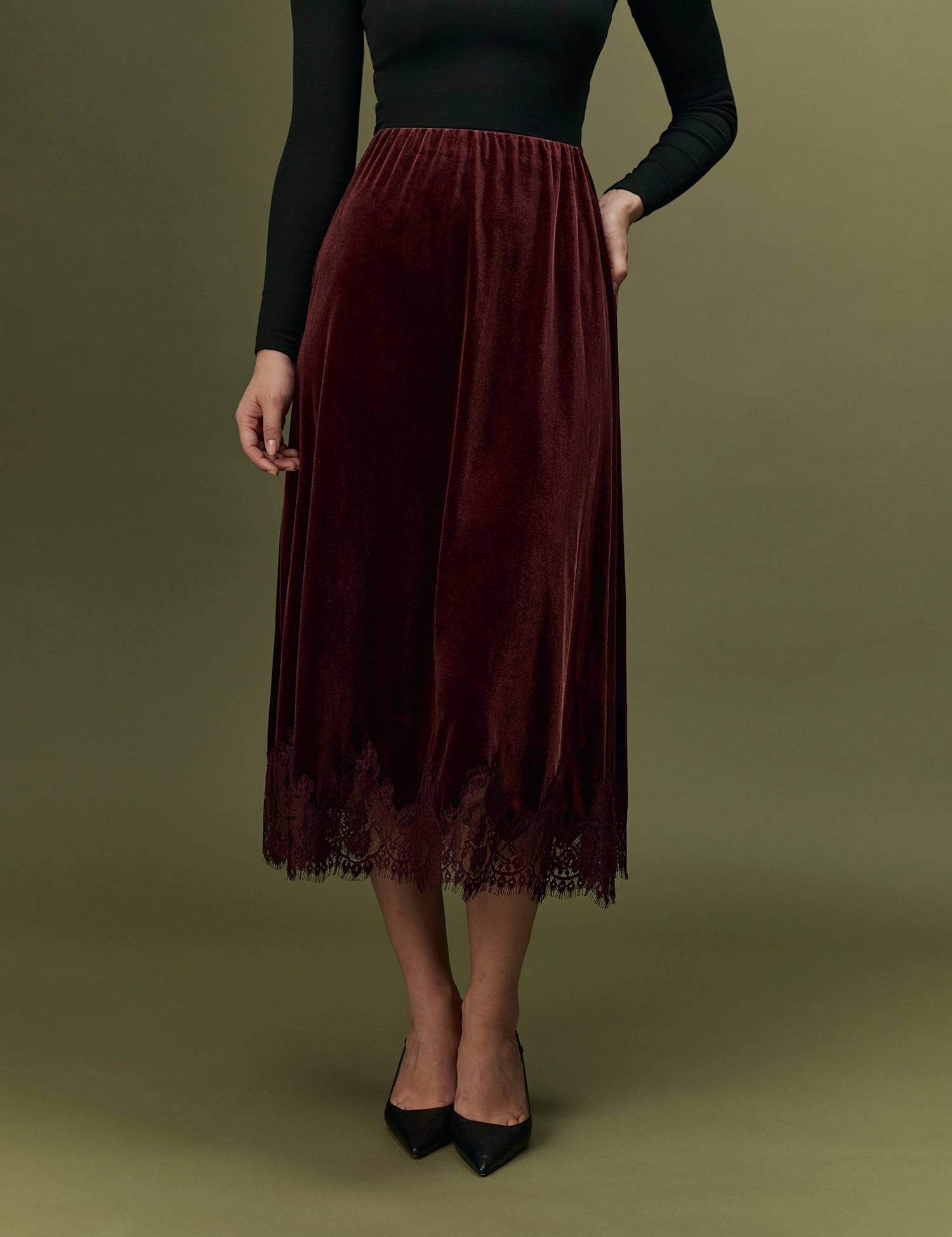 Ghost Velvet Midi A-Line Skirt Dark Purple