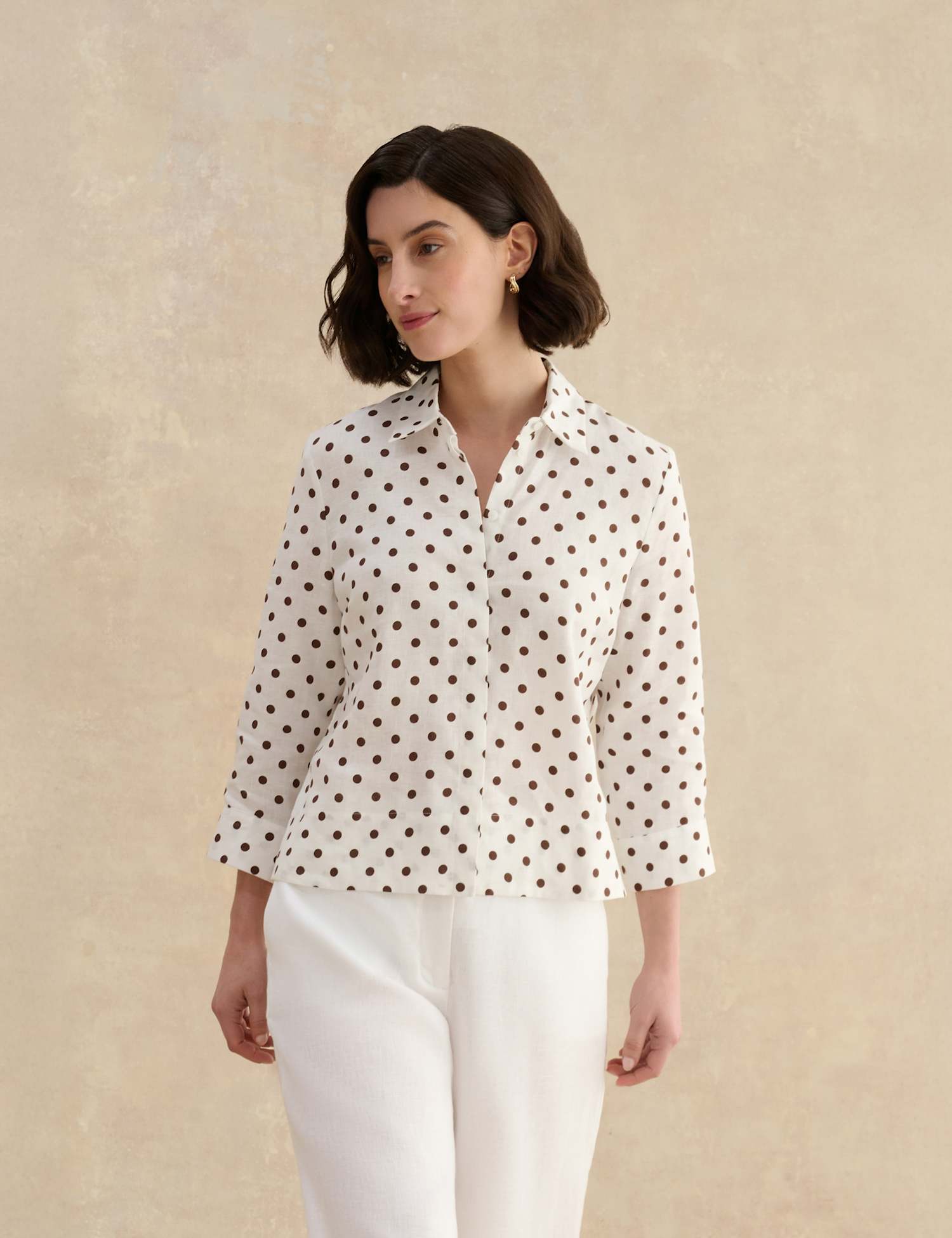 HOBBS Pure Linen Polka Dot Button Through Shirt Brown