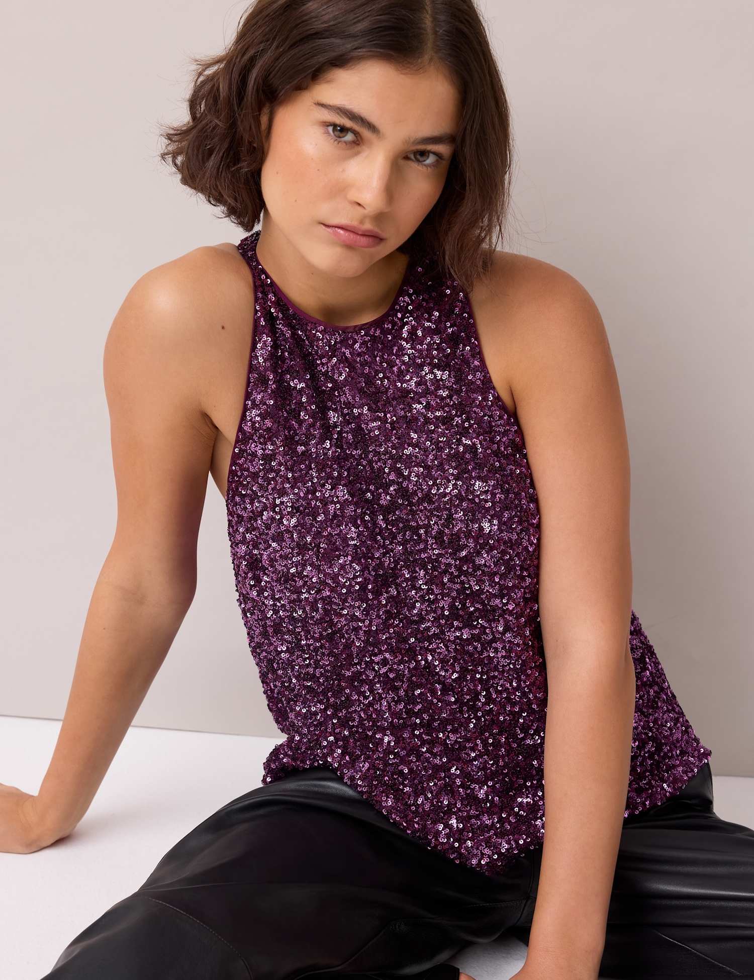 RO&ZO Sequin High Neck Halter Top Purple Mix